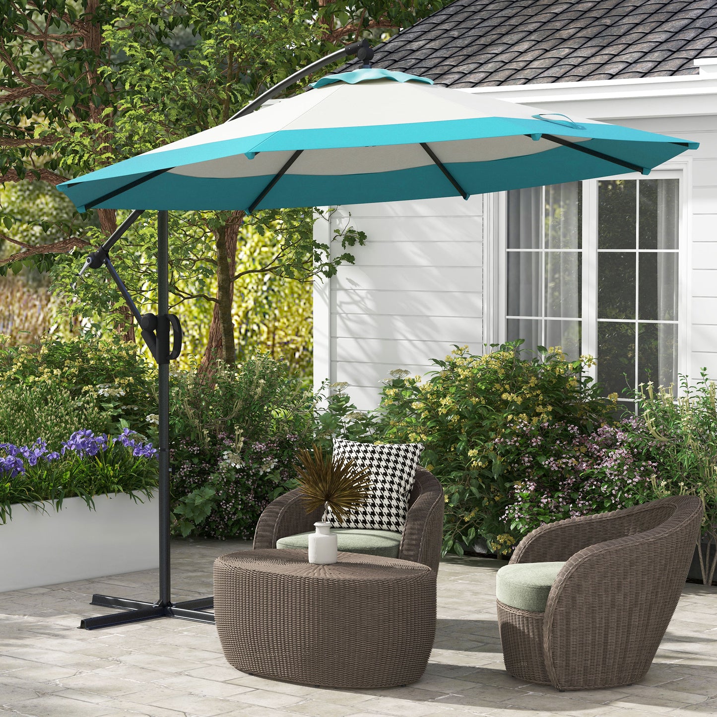 Outsunny 10 FT Cantilever Umbrella, Round Hanging Offset Umbrella with Crank, Tilt and Cross Base for Garden, Backyard, Blue