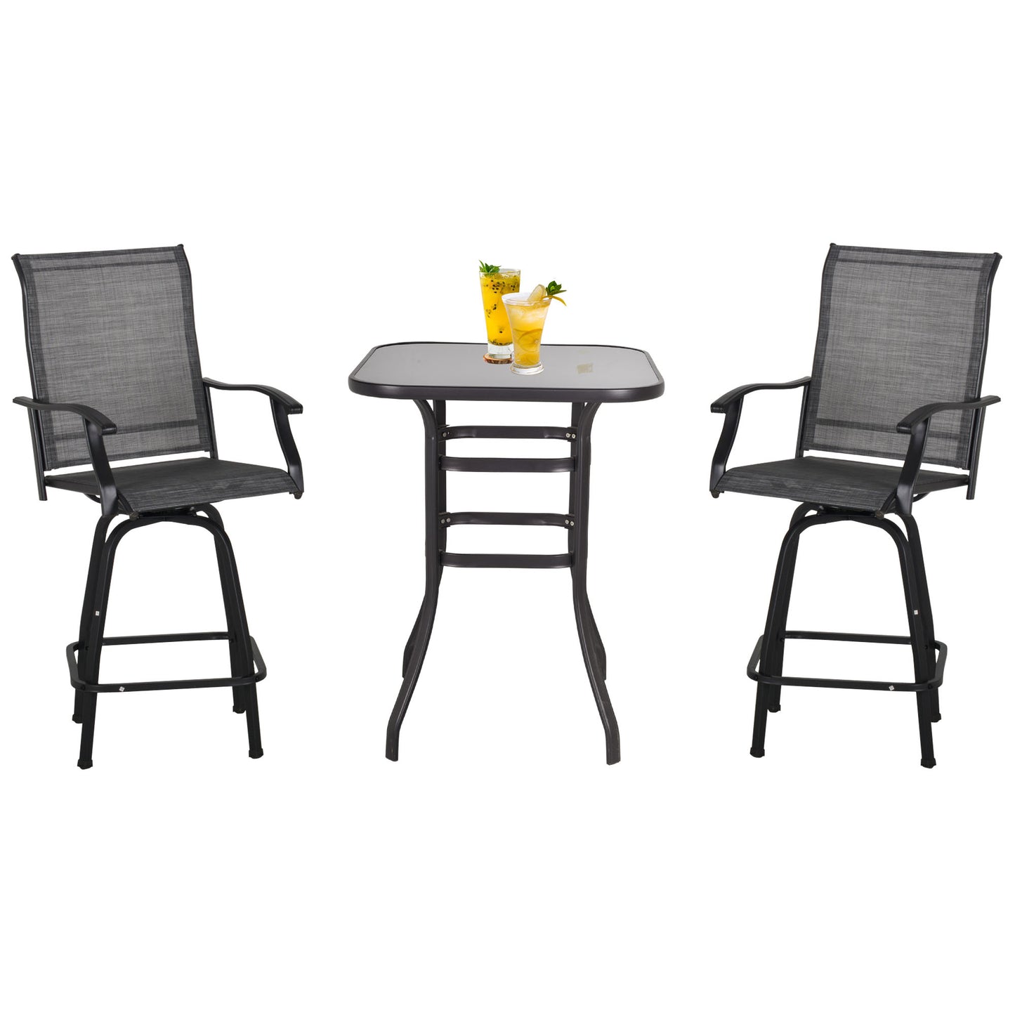 3 Piece Outdoor Patio Bar Set, 2 Swivel Stool and 1 Bar Table, All-Weather, Metal Frame for Balcony, Backyard, Deck, Grey