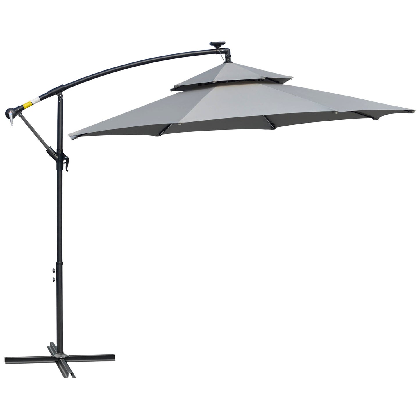 10FT Cantilever Patio Umbrella with Lights Solar Powered Offset Umbrella with Crank and Cross Base for Deck Light Grey