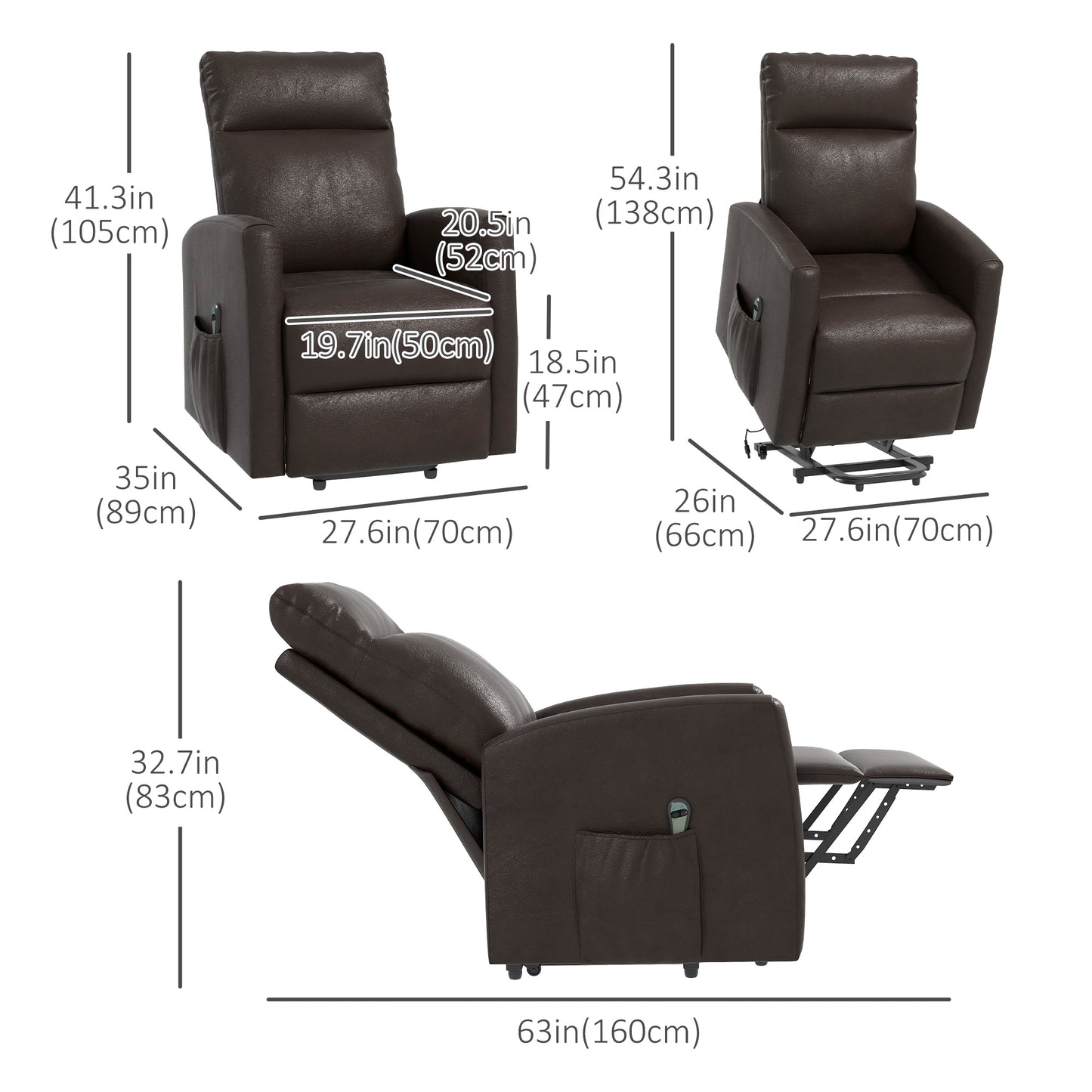 Power Lift Recliner Chair with Remote Control Side Pocket in Brown