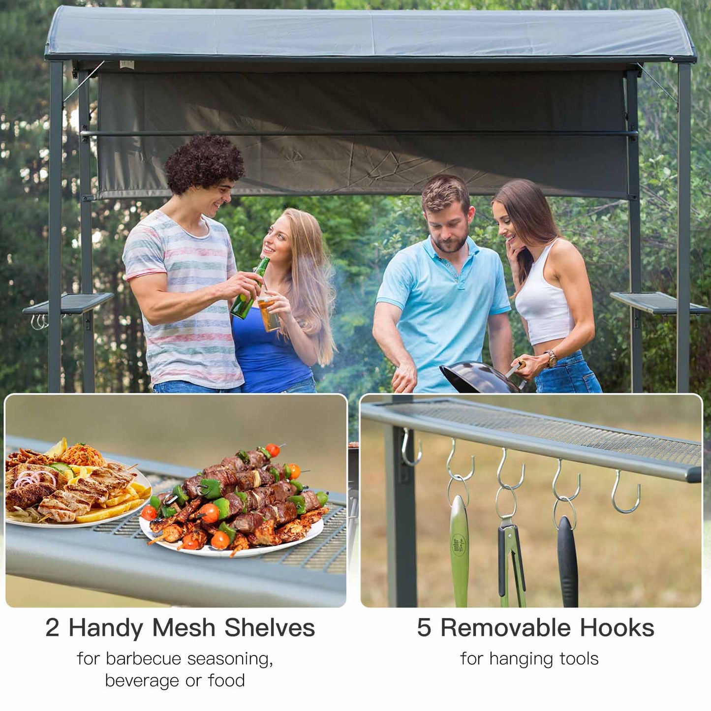 Outsunny 7x4.5ft Outdoor BBQ Gazebo Tent Metal Frame Garden Grill Canopy Sunshade Backyard Portable Shelter with Side Awning 2 Shelves and 5 Hooks Grey