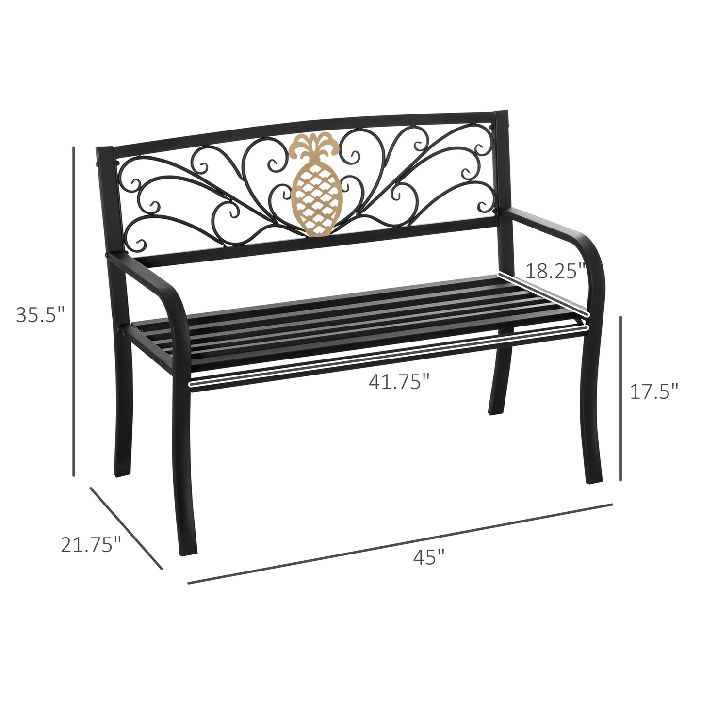 Outsunny 2 Seater Garden Bench 45" x 21.75" x 35.5" Steel Frame Loveseat for Yard, Lawn, Porch, Patio, Black and Gold