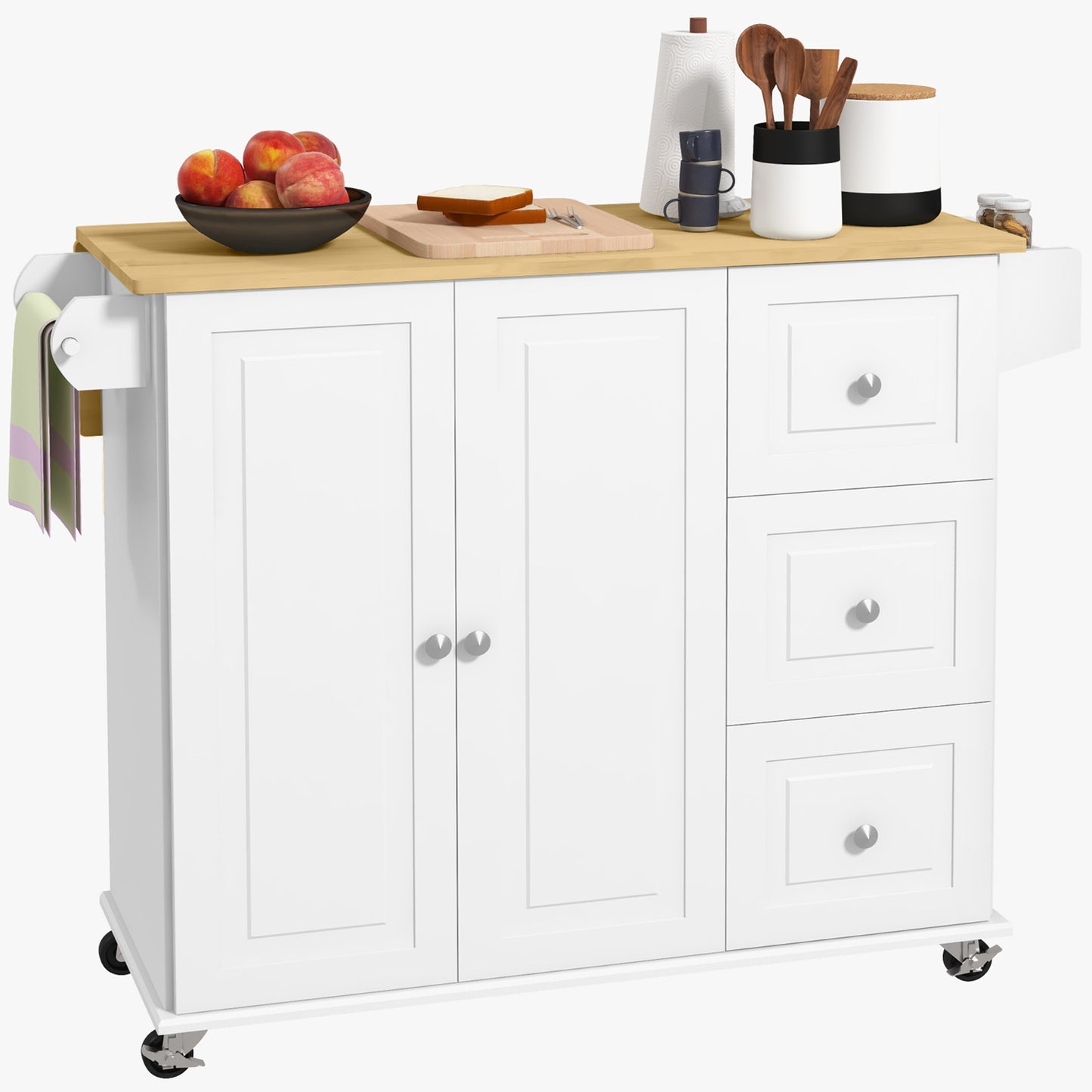 Kitchen Island with Drop Leaf, Rolling Kitchen Cart on Wheels with 3 Drawers, Cabinet, Natural Wood Top, Spice Rack and Towel Rack, White