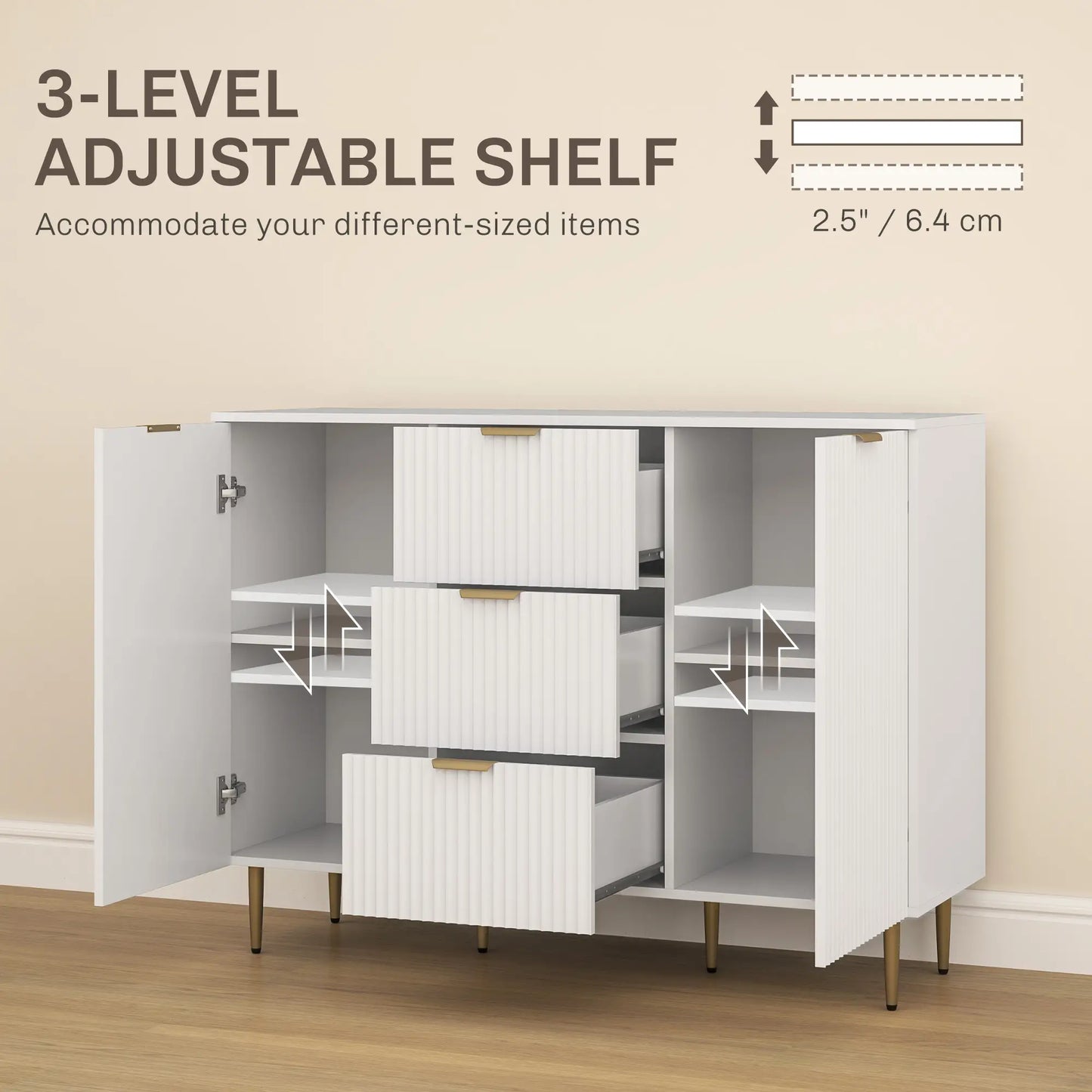 Sideboard Buffet Cabinet w/ 3 Drawers and Adjustable Shelves for Kitchen Hallway, White