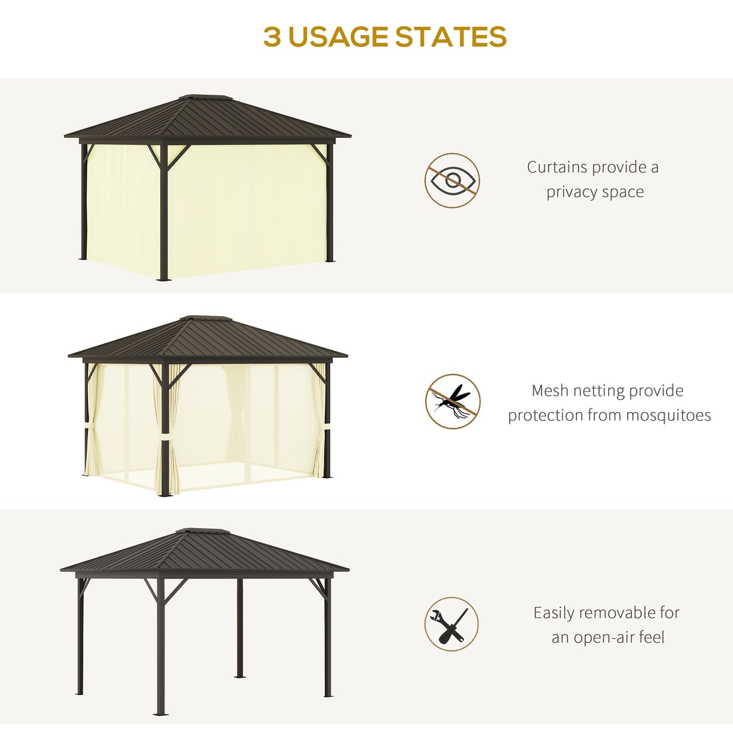 10' x 12' Outdoor Hardtop Gazebo Metal Roof Patio Gazebo with Aluminum Frame, Mesh Nettings, Curtains and Roomy Interior Space, Beige