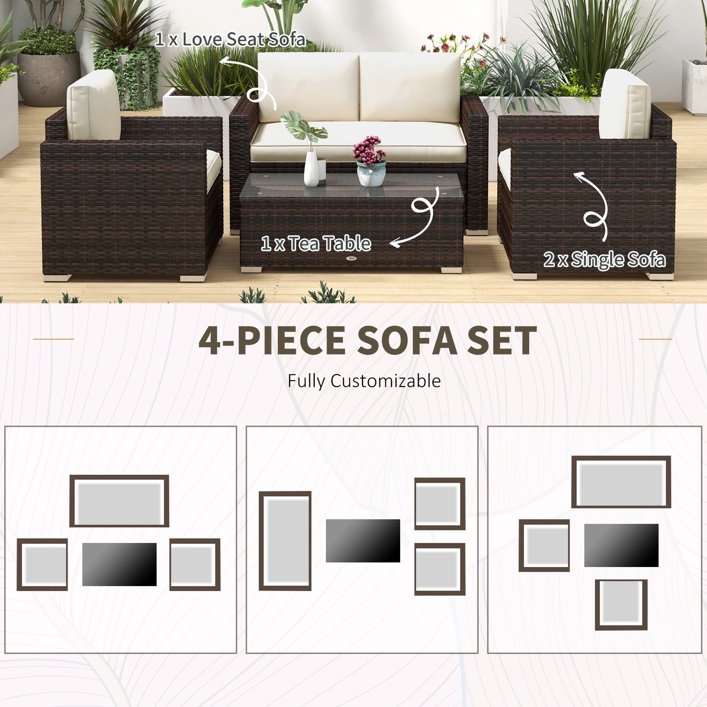 Outdoor Furniture with Table, Wicker Furniture with Loveseat and 2 Chair for Garden, Poolside, Mixed Brown and Khaki