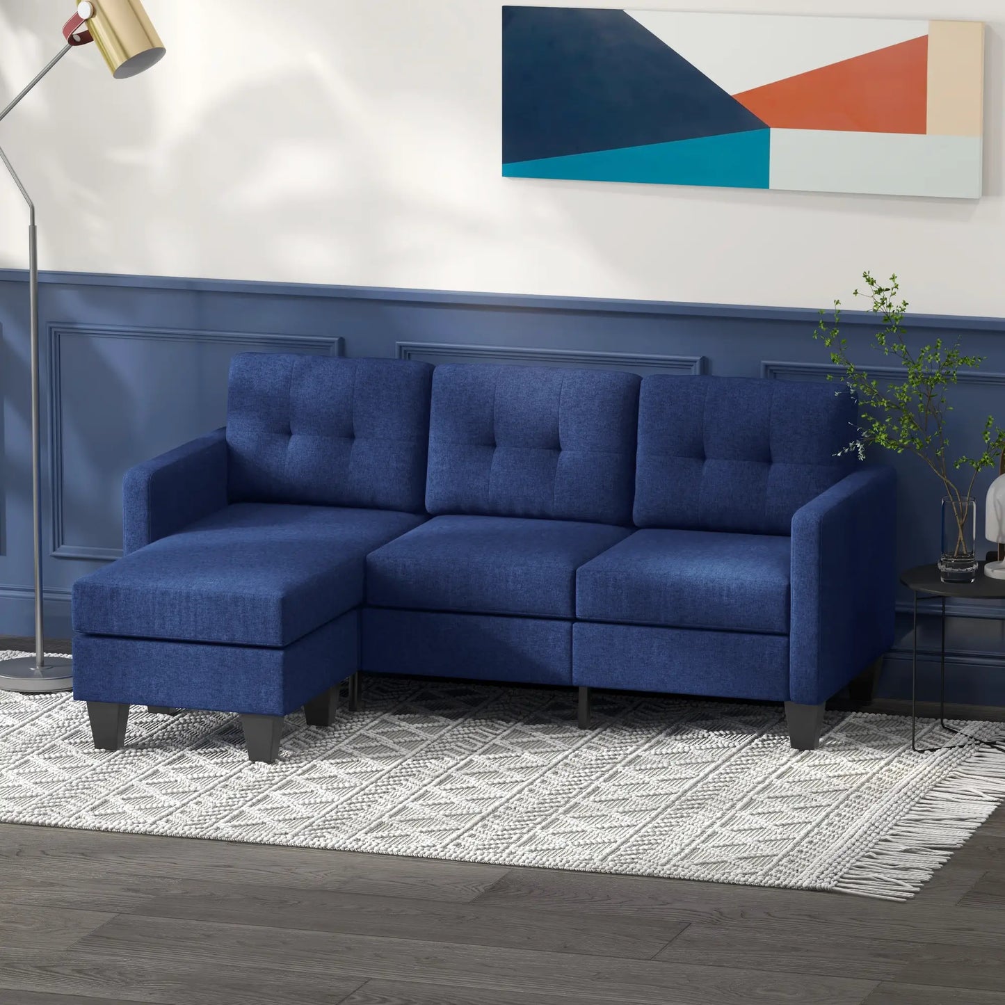 L-shaped Sofa, 3 Seater Sectional Couch with Ottoman with Thick Padded Cushion and Wood Legs, Dark Blue