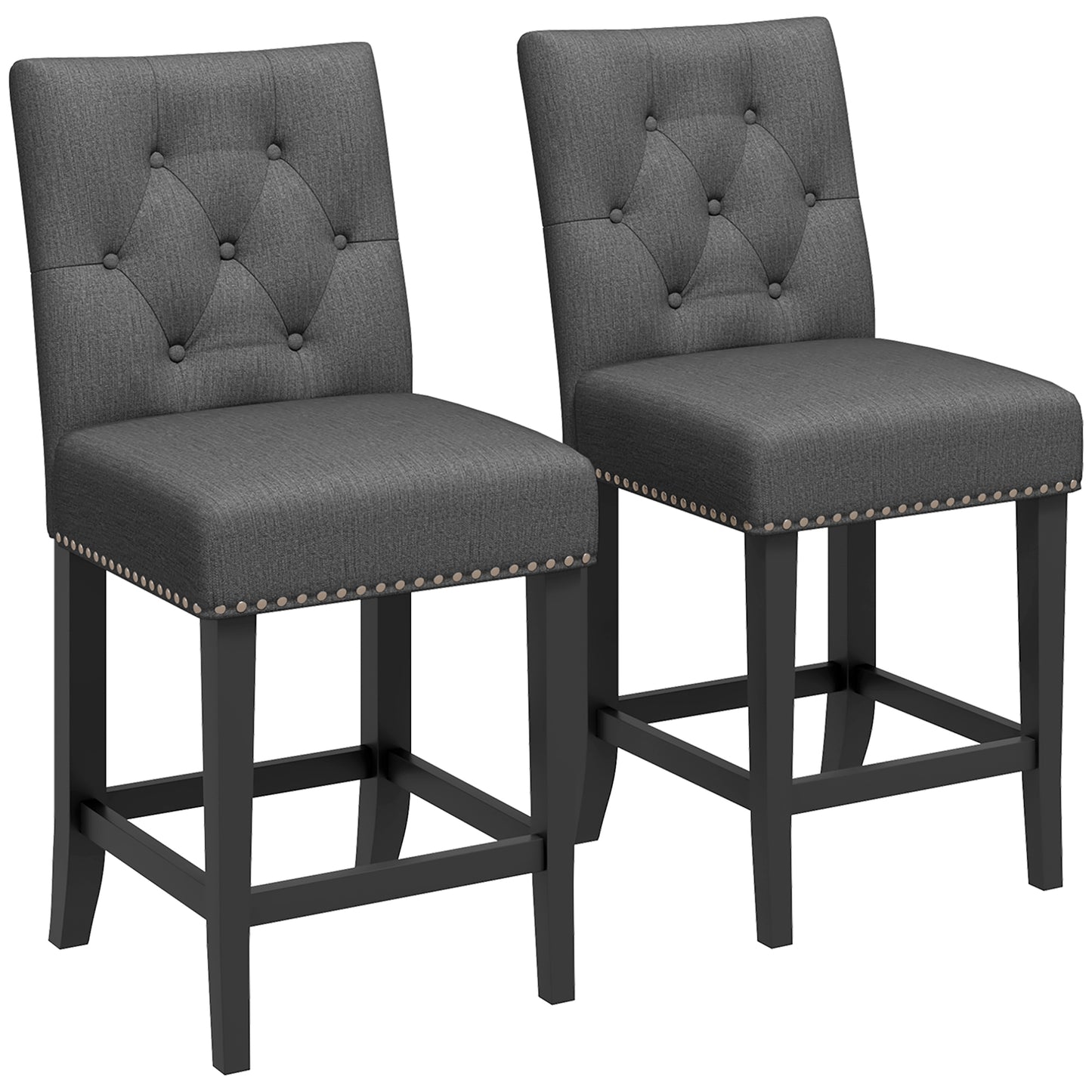 Dark Grey Fabric Bar Stool Set of 2, Seat Height  25.6", with Tufted Back & Wood Legs