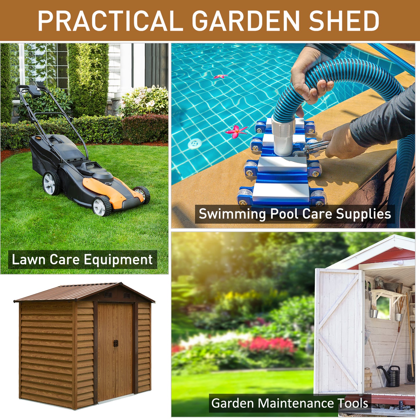 6.4' x 7.7' Outdoor Metal Garden Shed House Hut Gardening Tool Storage with Ventilation, Brown with Wood Grain