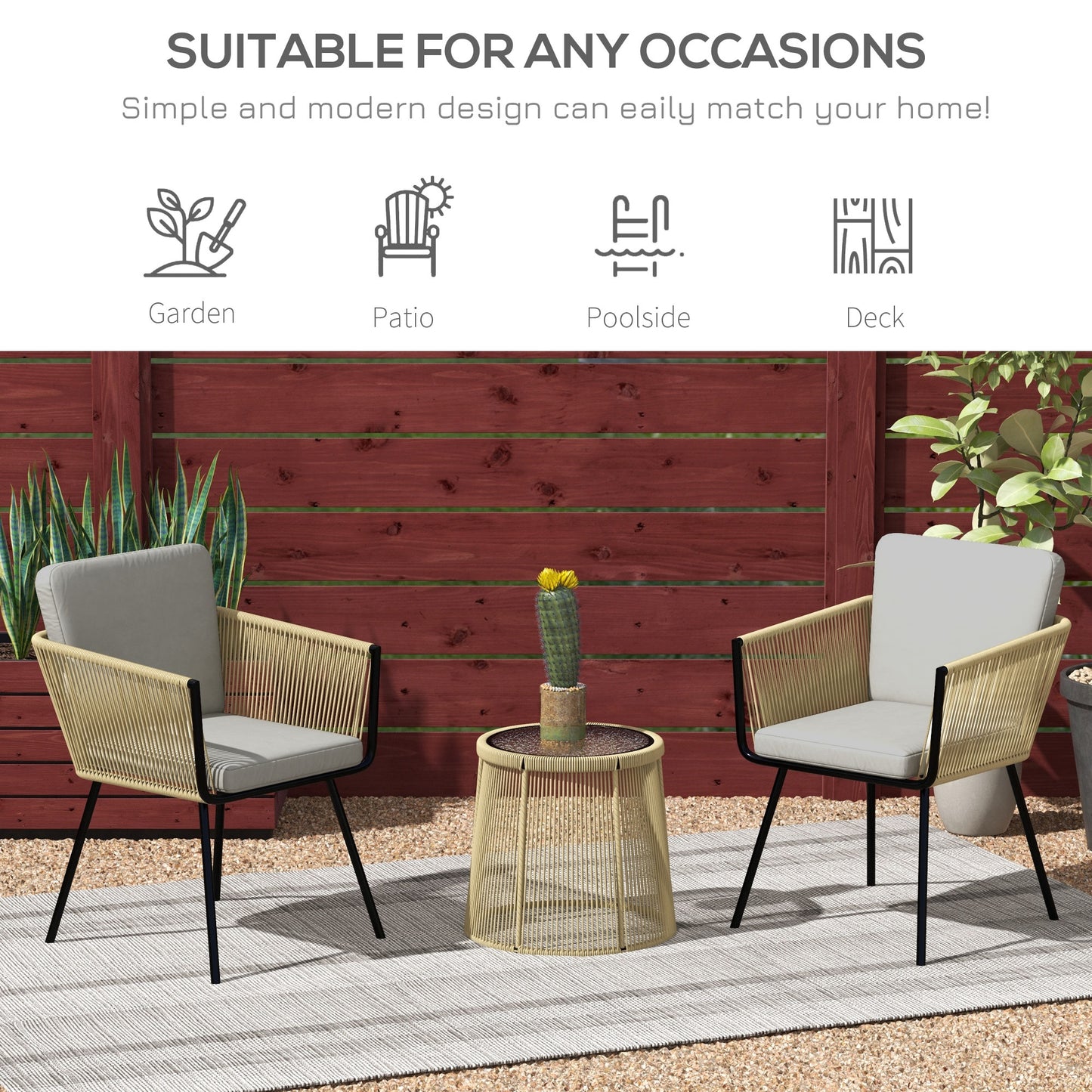 3 Piece Outdoor Patio Bistro Set, Wicker Rattan Furniture with Metal Legs for Garden, Backyard, Deck, Light Grey