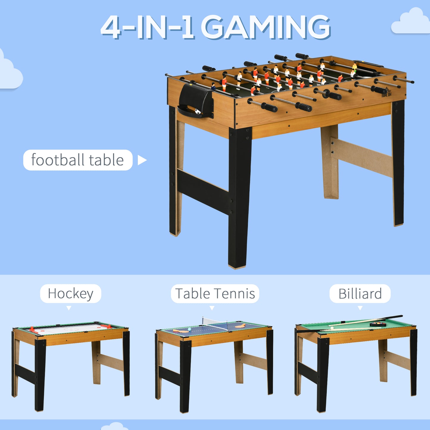 43'' 4-in-1 Multi-Gaming Table, Tabletop Billiards Hockey Table Tennis Foosball Game, Easy Set up for Whole Family, Compact for Storage, with Score Boards, Balls, Cues, Chalk, Brush