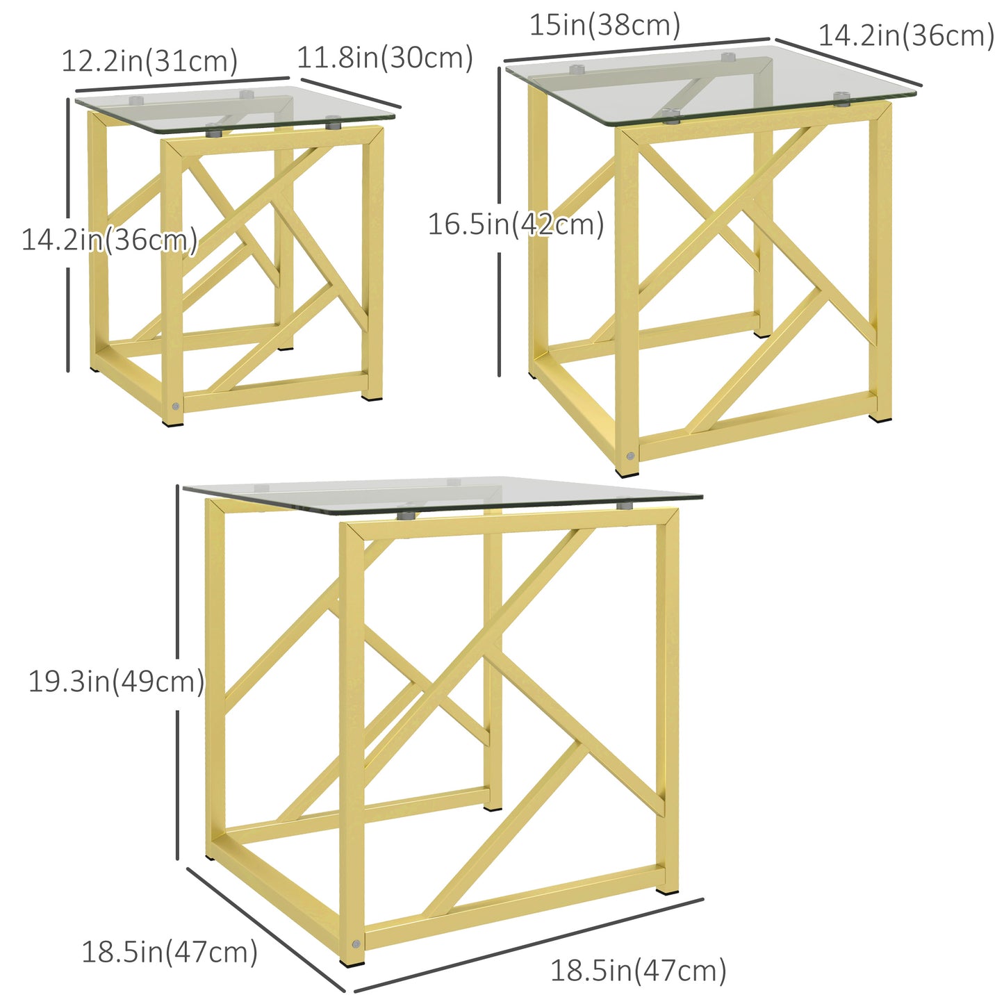 Glass Top Coffee Table, Set of 3, Nesting with Tempered Glass Top and Steel Frame, Gold