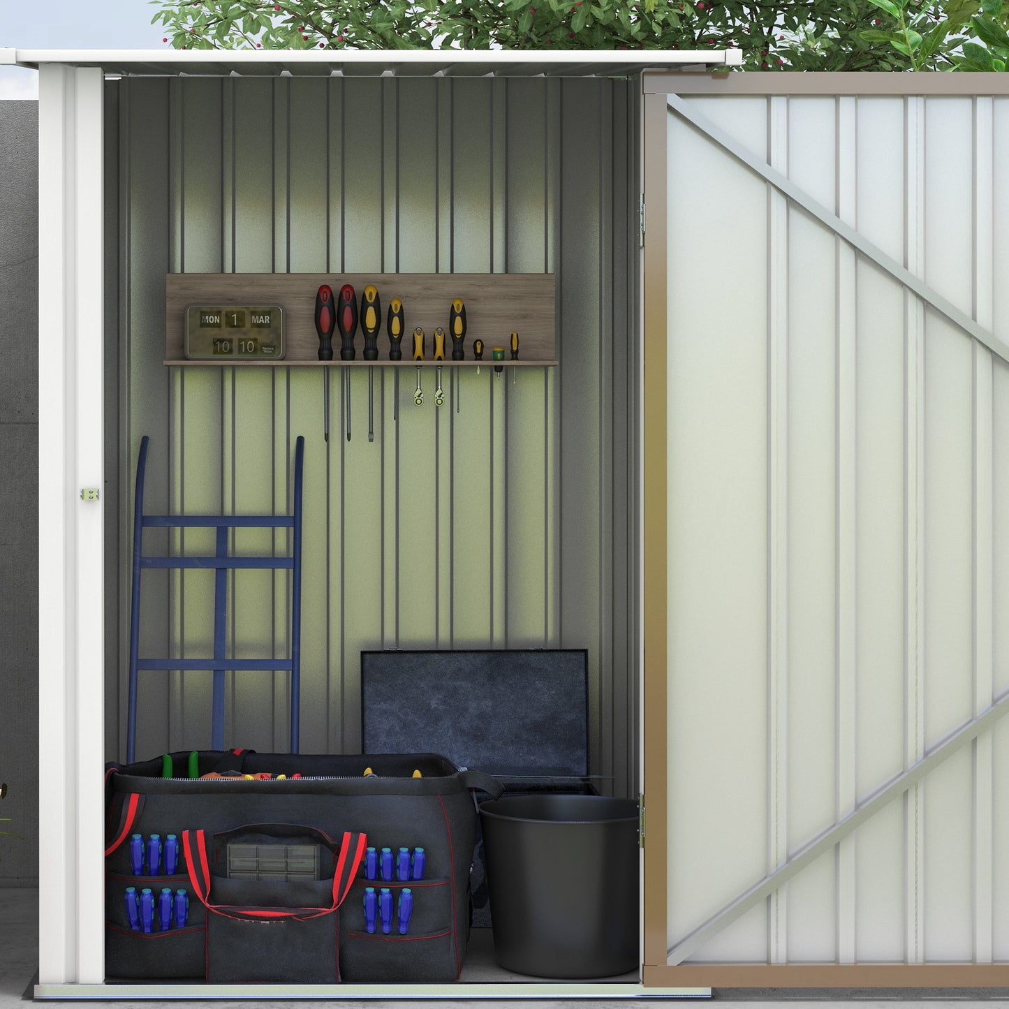 3.3' x 3.4' Lean-to Outdoor Garden Storage Shed, Galvanized Steel with Lockable Door for Patio Brown and White