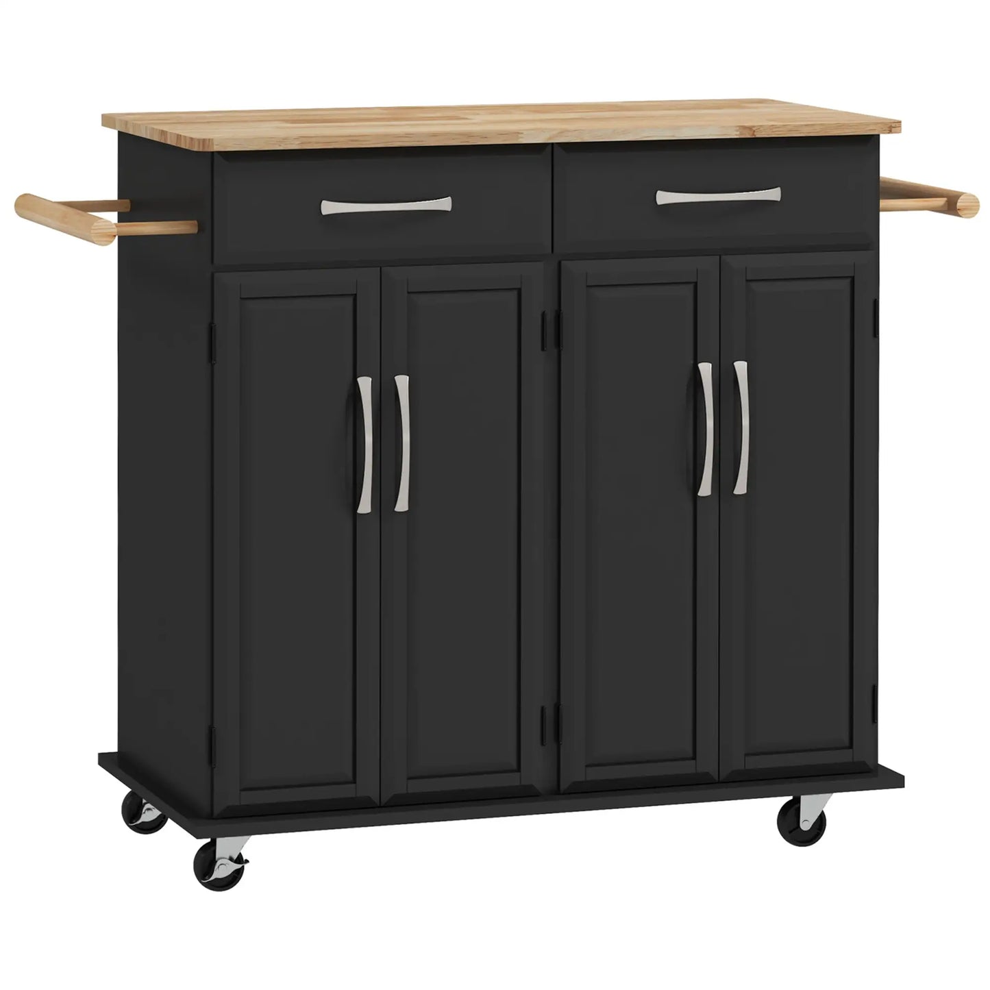 Kitchen Island on Wheels with Rubberwood Top, with 2 Drawers, 4 Doors and Adjustable Shelves