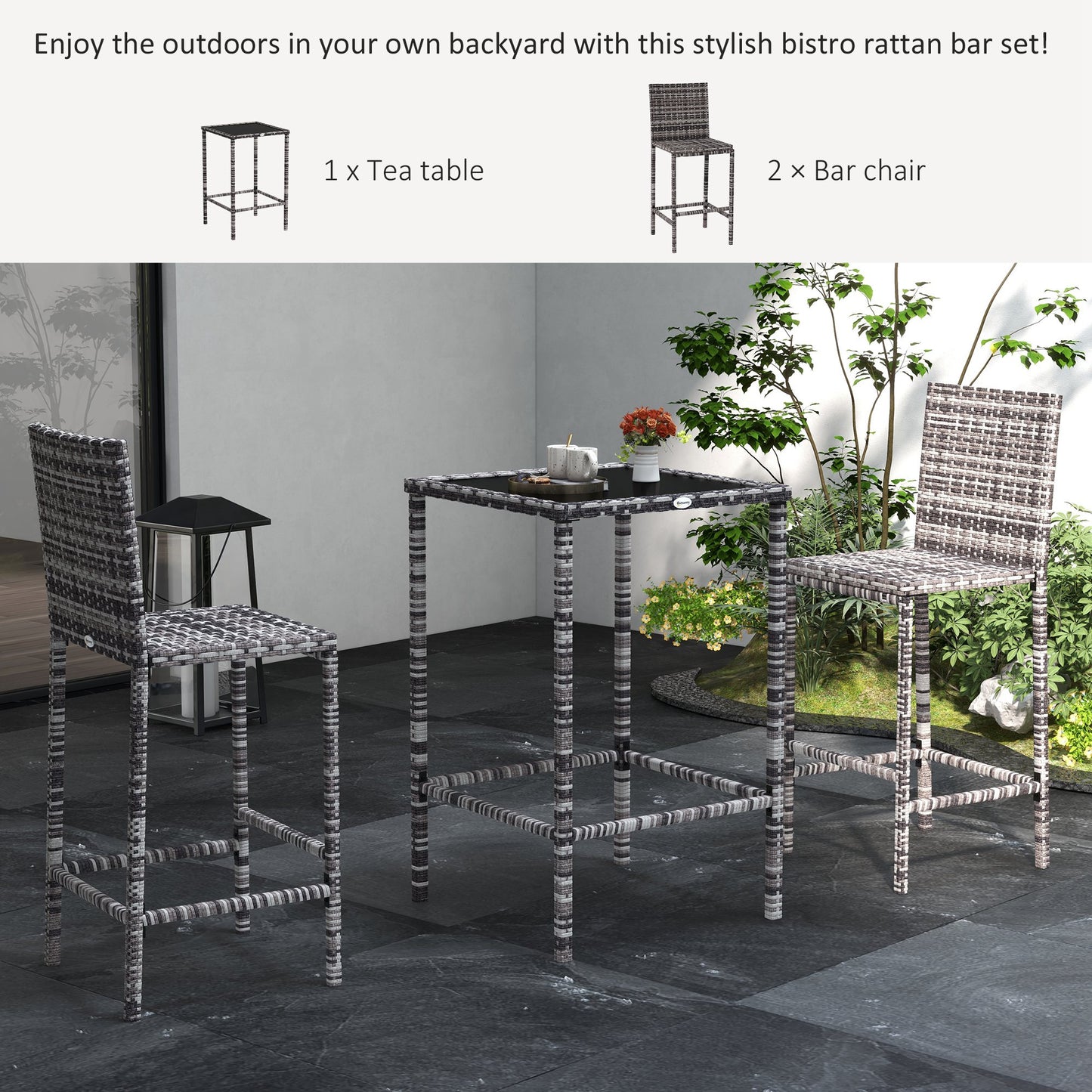 3 Piece Patio Bar Set Wicker Rattan Garden Bistro Set Barstool and Table for Patio Backyard Balcony Poolside, Grey