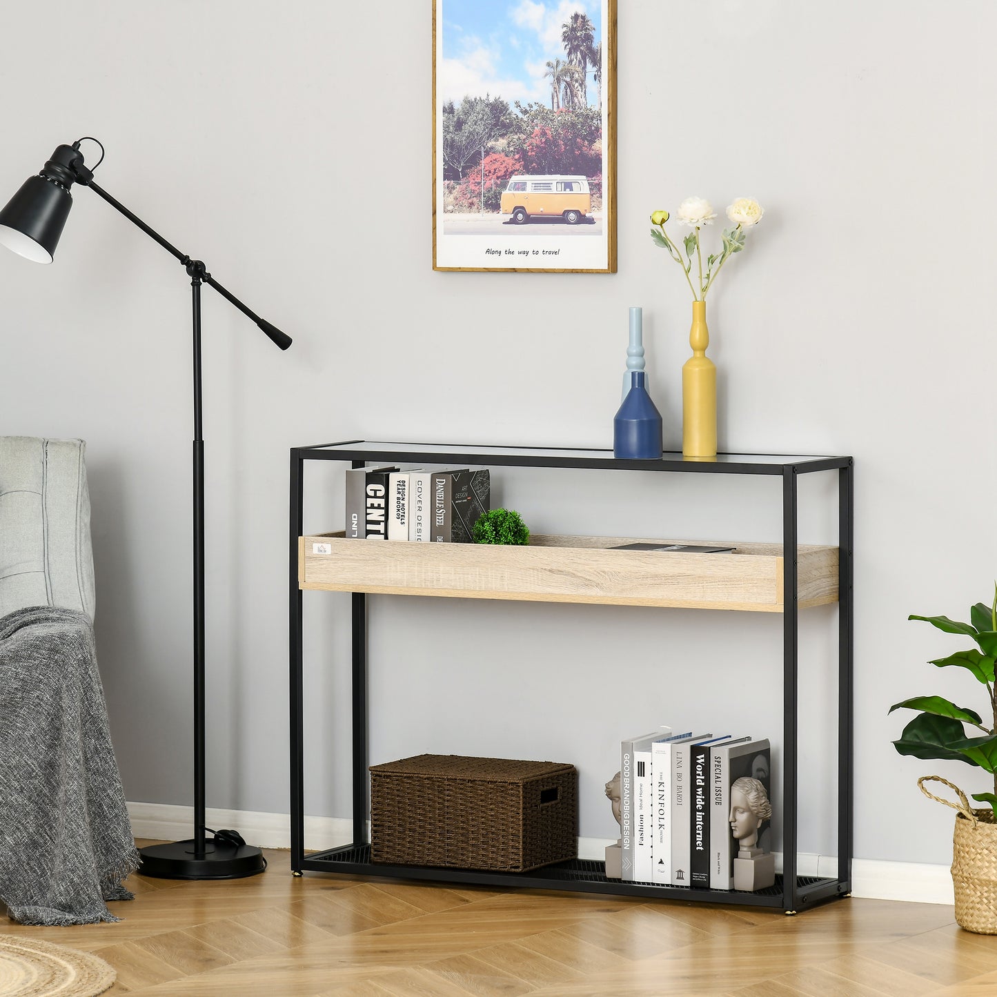 Industrial Narrow Console Table, Sofa Table, Entryway Table with Storage Shelf, Tempered Glass Top and Steel Frame for Living Room