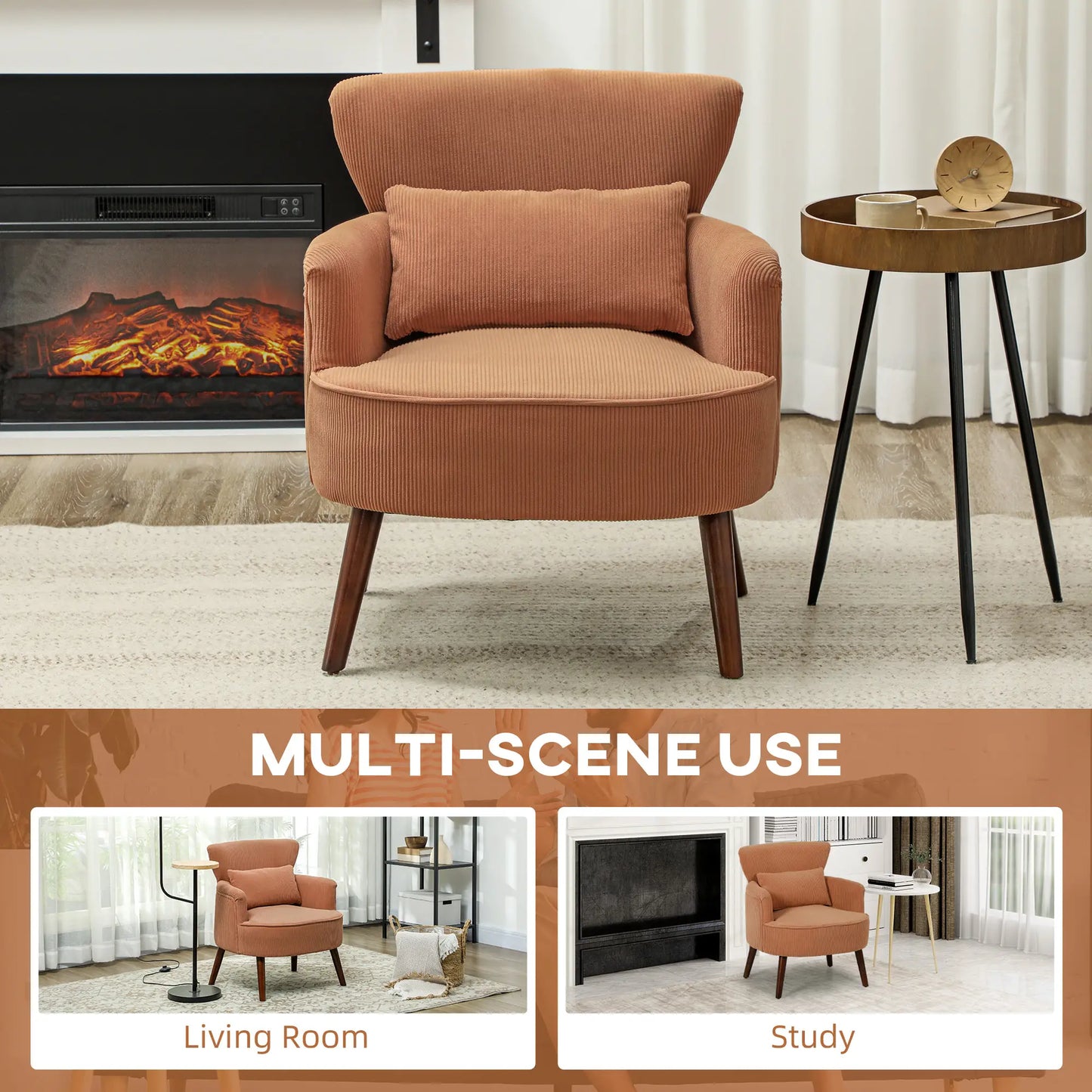 Modern Accent Chair with Solid Wood Legs and Lumbar Pillow for, Orange