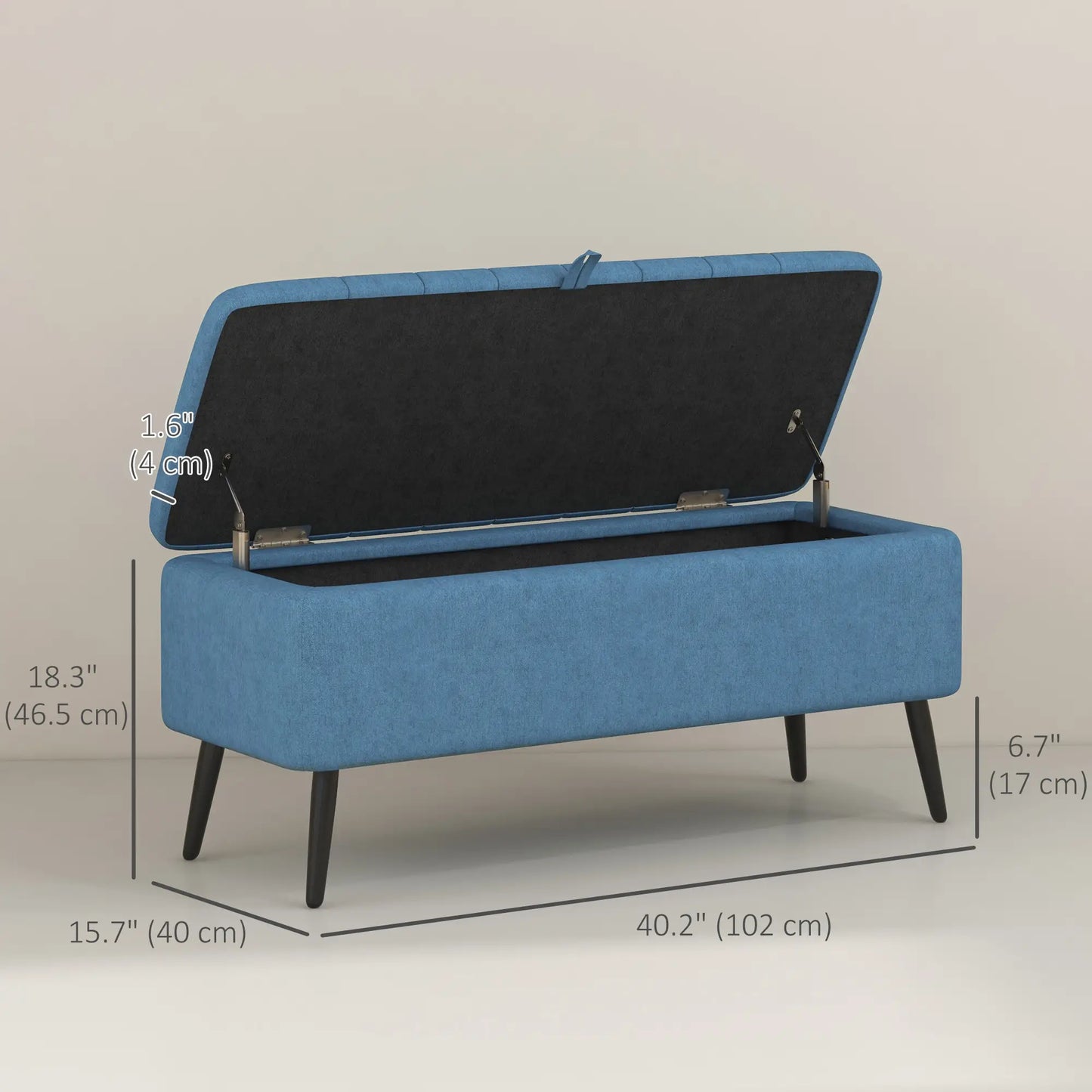 40" Ottoman Bench with Storage, Linen Upholstered with Steel Legs for Living Room, Bedroom in Blue