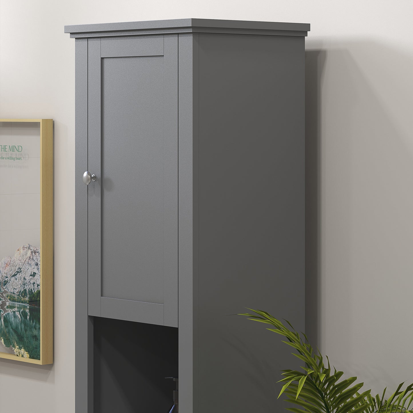 Tall Bathroom Linen Cabinet, Freestanding with Open Shelves and 2 Cupboards, Narrow Storage , Grey