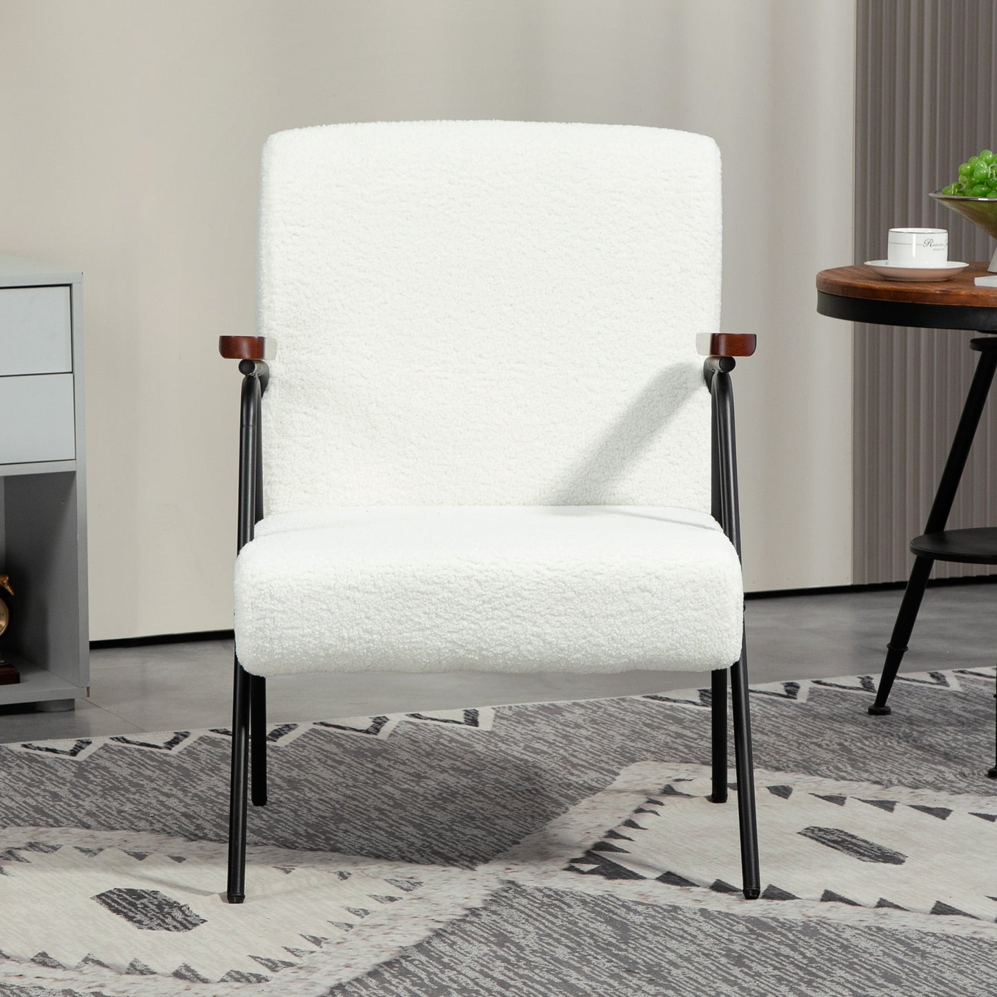 Modern Armchair, Upholstered Corduroy Accent Chair with Wood Arms and Steel Frame in white