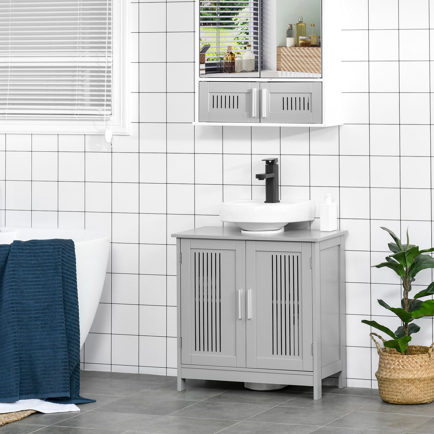 Modern 24" Bathroom Sink Cabinet, Pedestal Sink Storage Cabinet with Double Slat Doors and Shelf, Grey