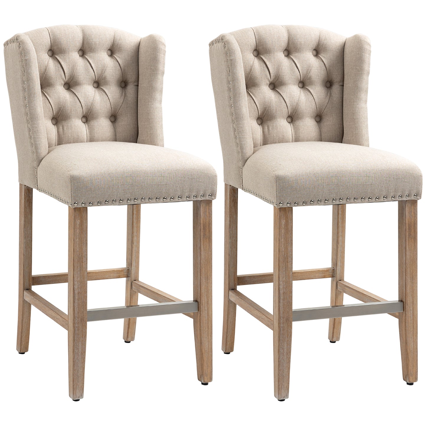 Bar Stools Set of 2, Upholstery Padded Chairs Tufted Nail Head Decoration with Stainless Steel Footrest, Wood Legs for Home Dining Use, Beige