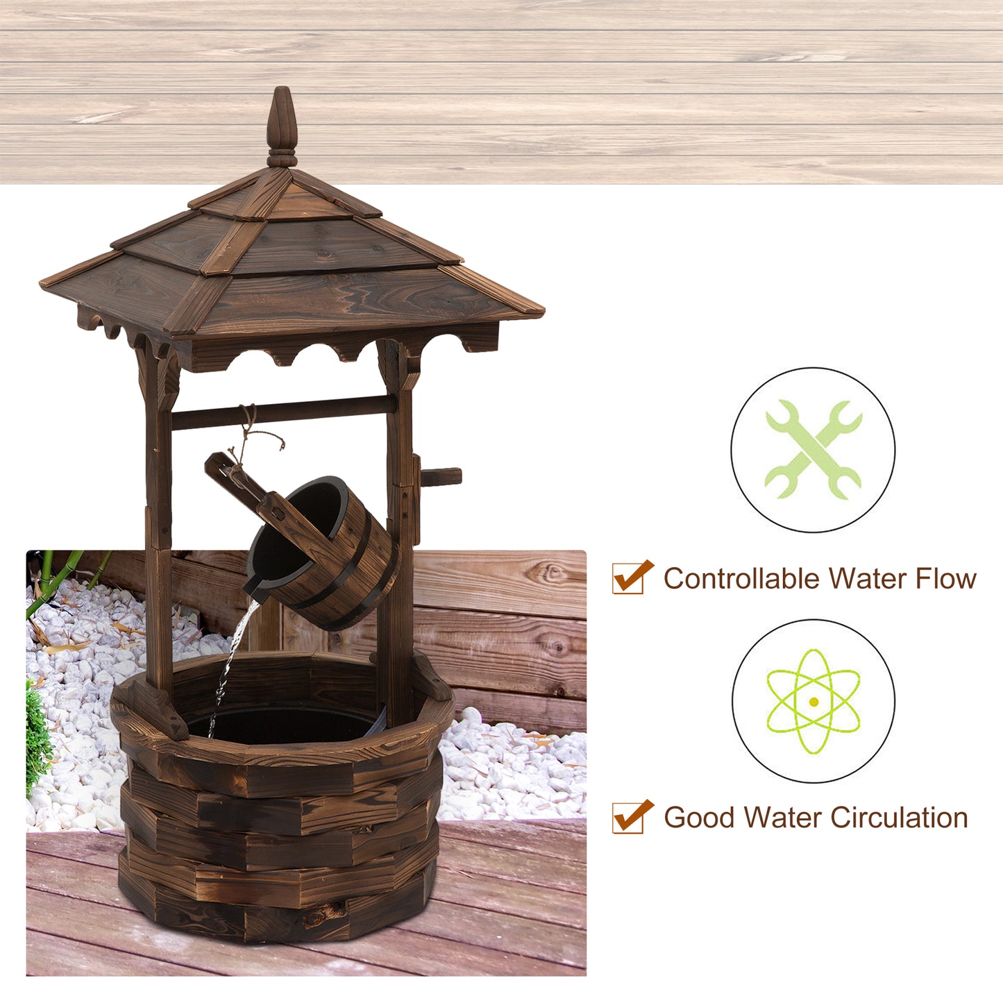 Barrel Waterfall Fountain Rustic Wood w/Pump Garden Decor