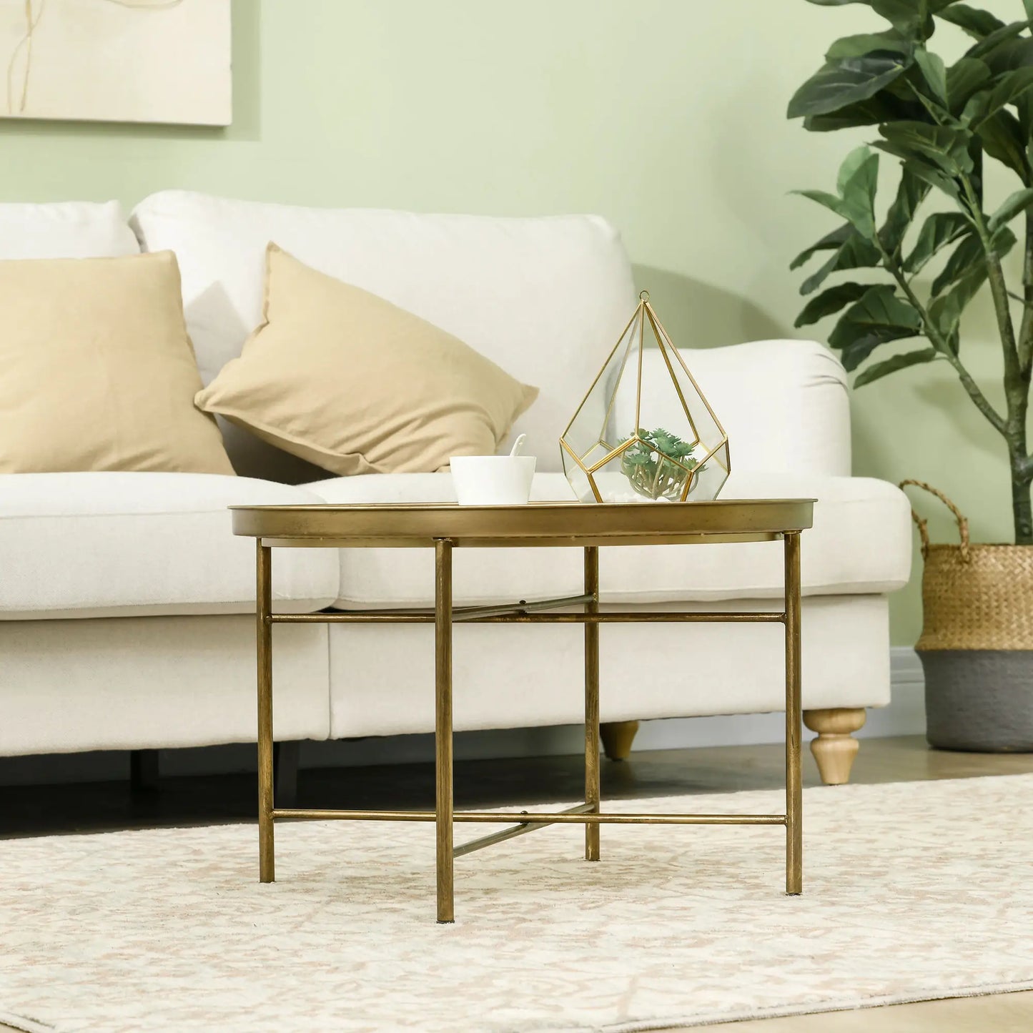 Vintage Style Coffee Table, 24" Round Center Table with Hammered Tray Top and Metal Frame, Gold