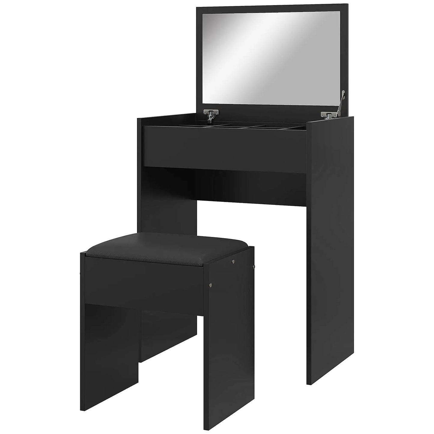 Modern Vanity Set with Makeup Table and Cushioned Stool, with Flip Top and Mirror, in Black