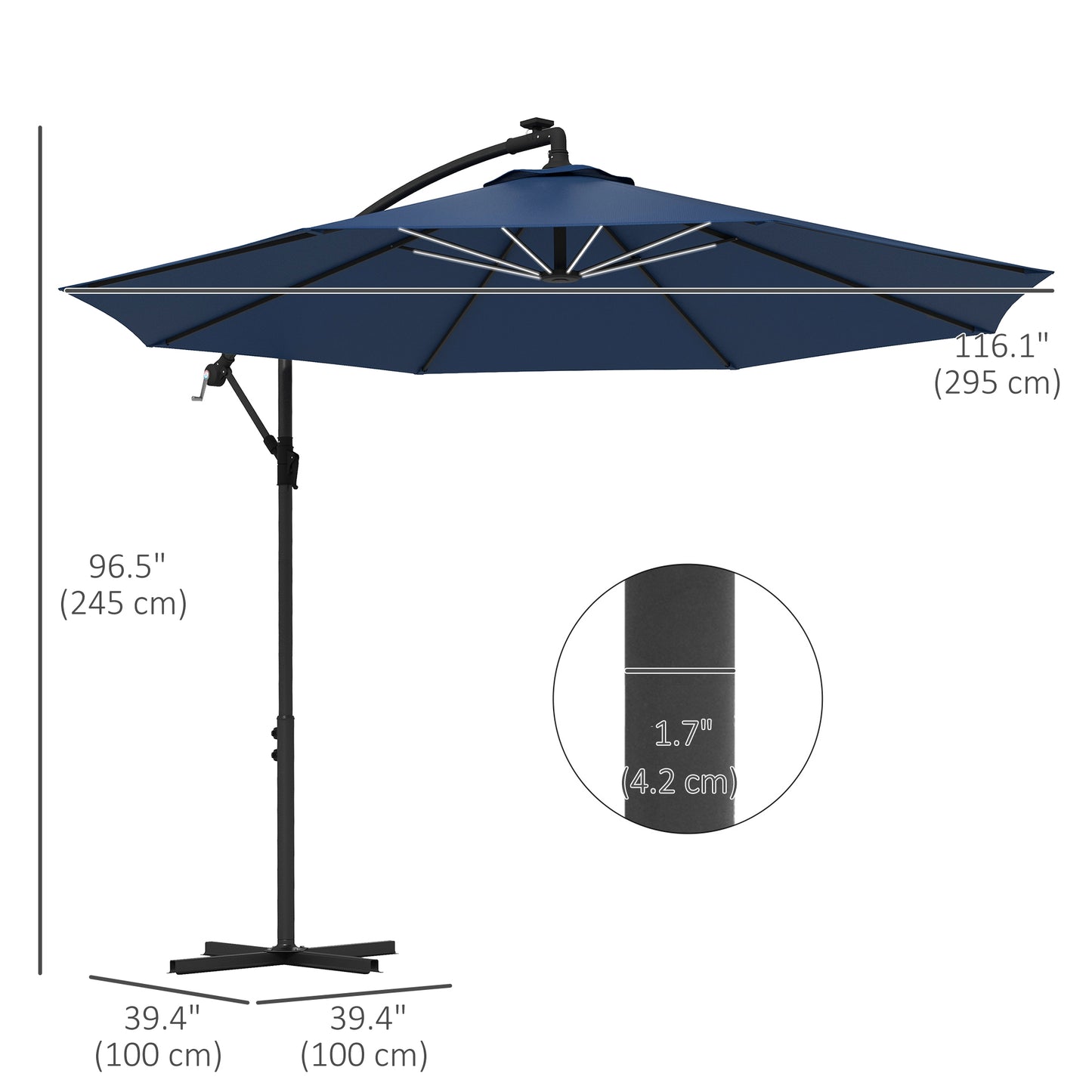 10ft Outdoor Cantilever Hanging Offset Umbrella with Solar LED Lights, Crank, Cross Base, Aluminum Frame, Blue