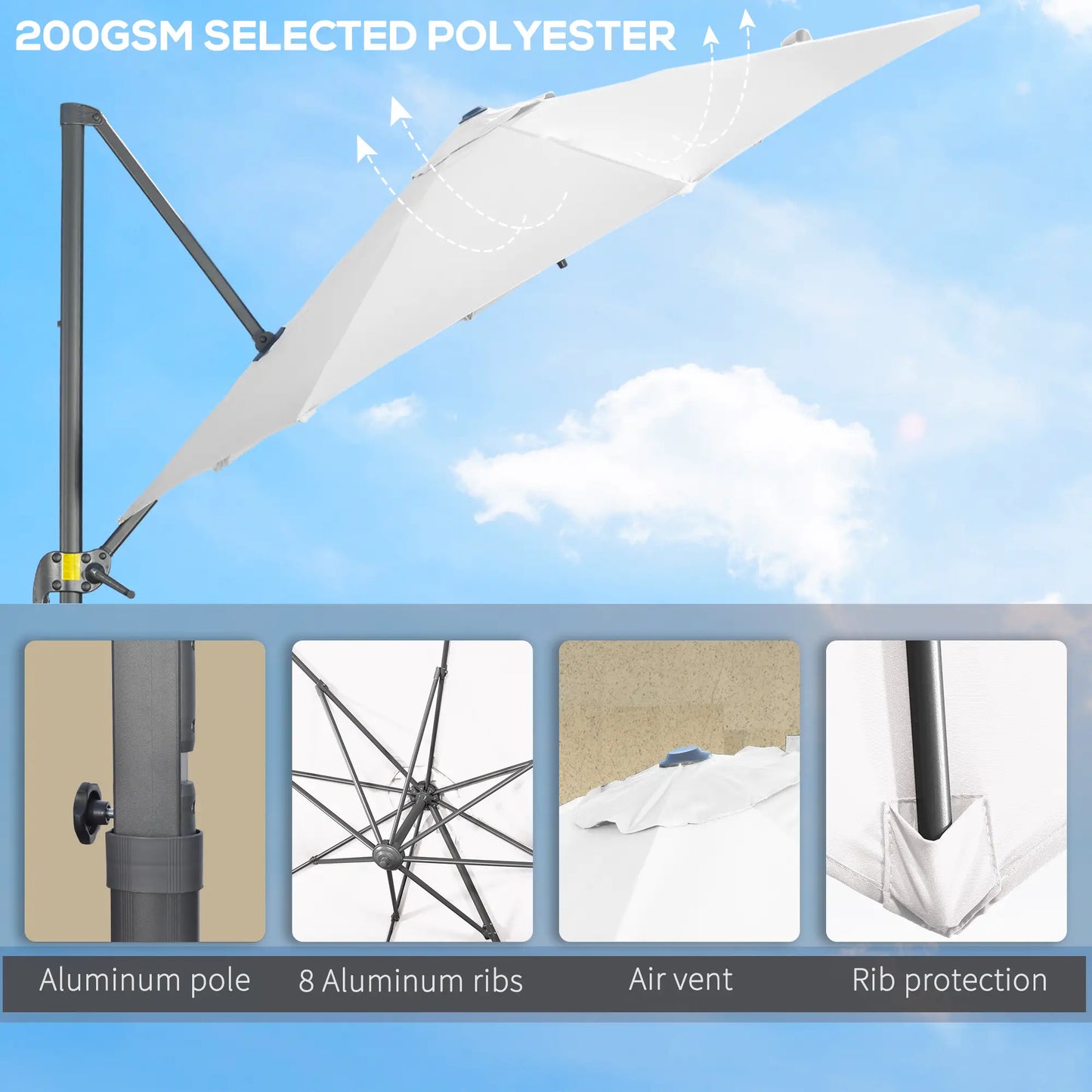 9.6' Cantilever Patio Umbrella Outdoor Hanging Offset Umbrella with Cross Base 360° Rotation Aluminum Poles White