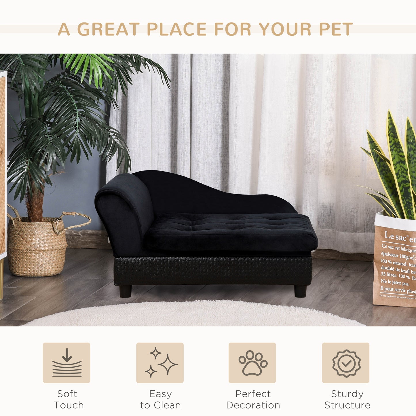 Pet Sofa Dog Couch Chaise Lounge Pet Bed with Storage Function Small Sized Dog Various Cat Sponge Cushioned Bed Lounge, Black