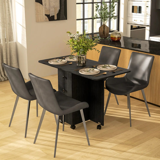 Drop Leaf kitchen Dining Table, on Wheels with Drawers and Cabinet in Black