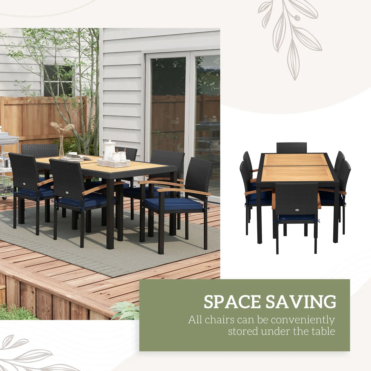 7 Pcs PE Rattan Patio Dining Set w/ Acacia Wood Table Top Soft Cushions, in Black