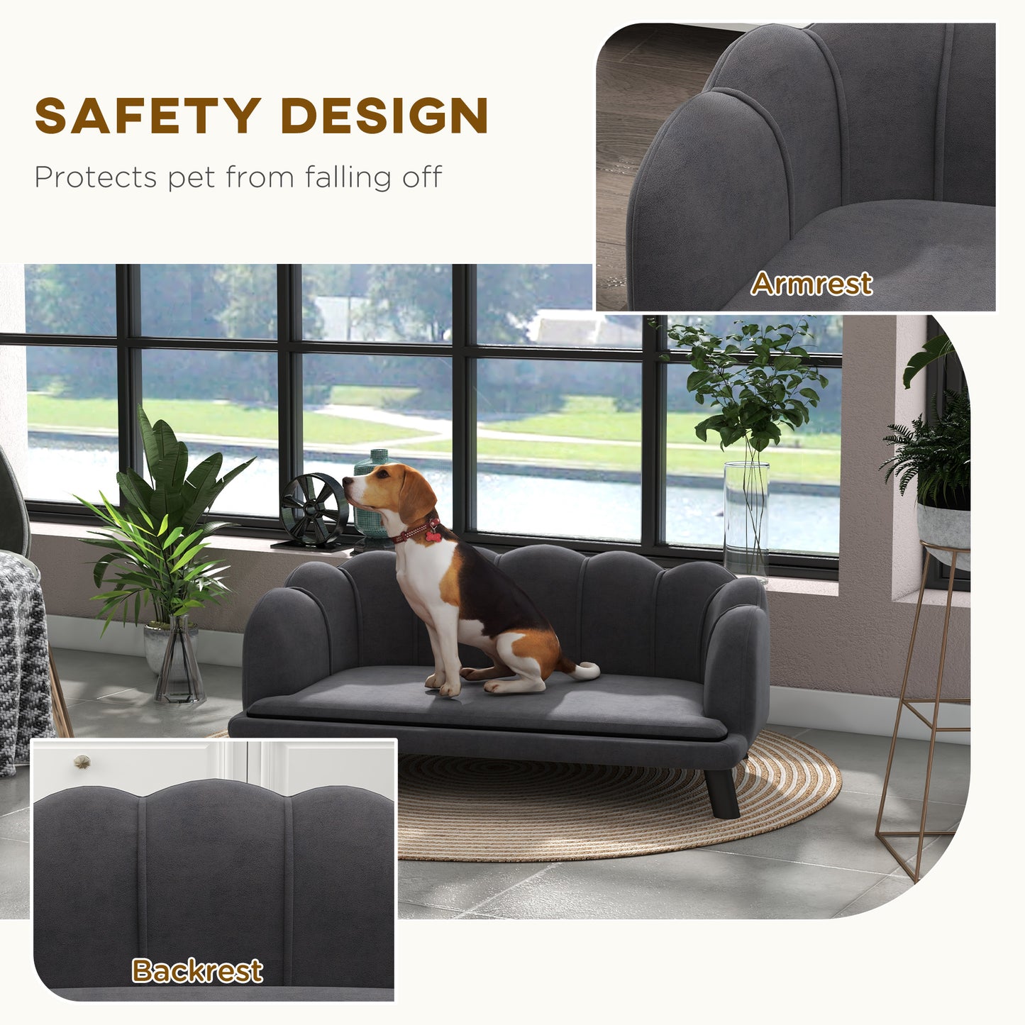 Dog Couch Pet Sofa Cat Bed with Removable Cushion Wood Legs for Medium and Large Dogs, Dark Grey