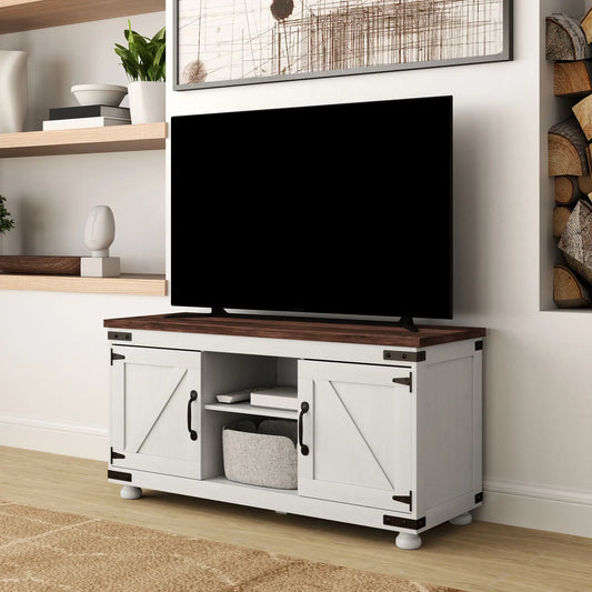 Farmhouse Style TV Stand for up to 50" TV,  Barn Doors, Cable Management in Distressed White