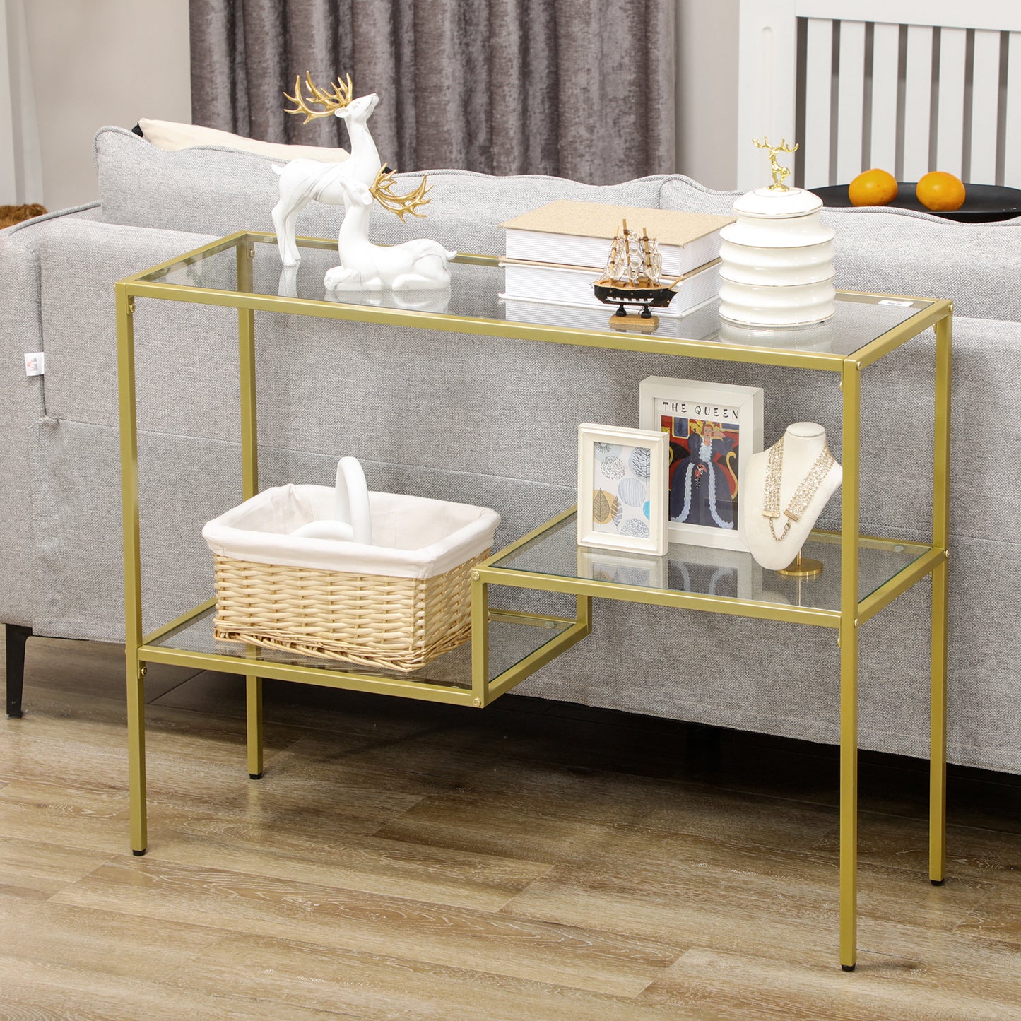 Gold Console Table, 39" Tempered Glass Sofa Table, Narrow Entryway Table with Storage Shelves, Steel Frame for Living Room, Hallway