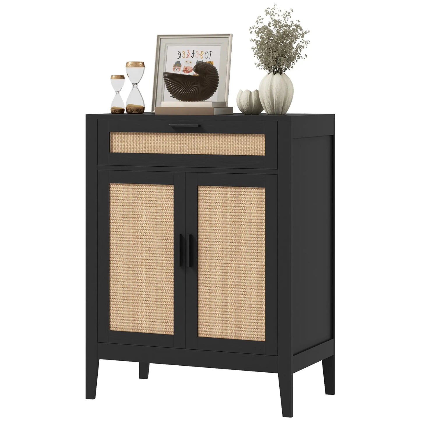 Boho Storage Entryway Cabinet with 2 Rattan Decorated Doors and Drawer for storage, Black