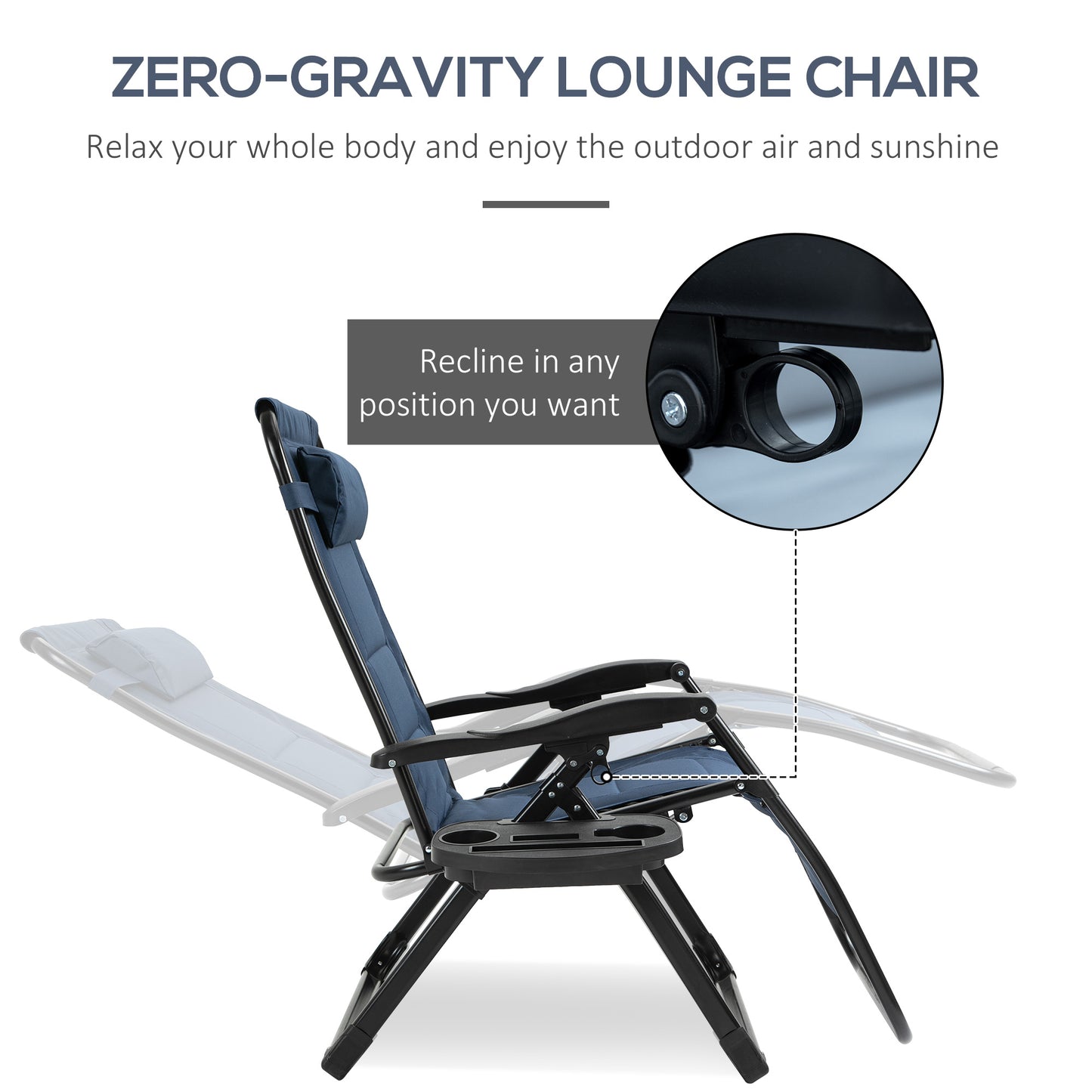 Zero Gravity Lounger Chair, Padded Folding Reclining Patio Chair with Cup Holder, Headrest, for Poolside, Camping, Blue