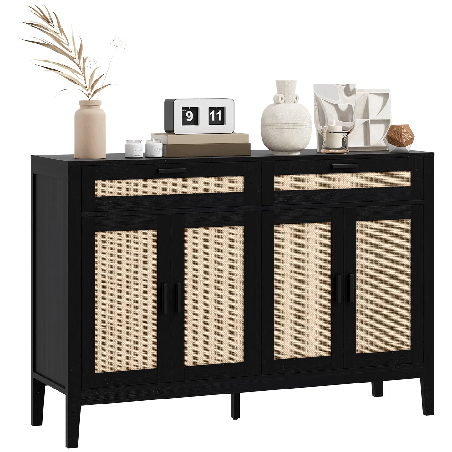 Boho Buffet Sideboard with Decorative Rattan Doors and Drawers, Black