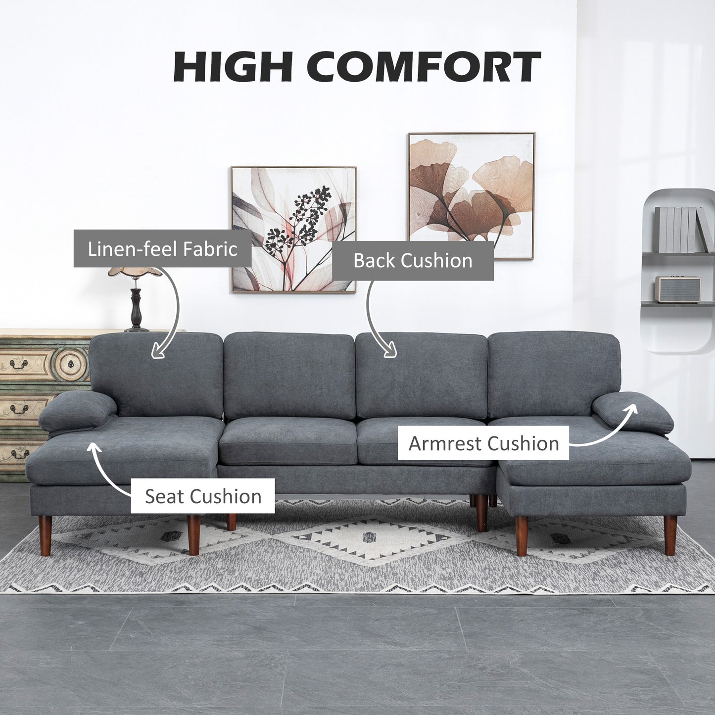 U Shape Couch with Double Chaise Lounge, Modern 4 Seater Sofa with Wooden Legs, Fabric Sofa for Living Room, Dark Grey