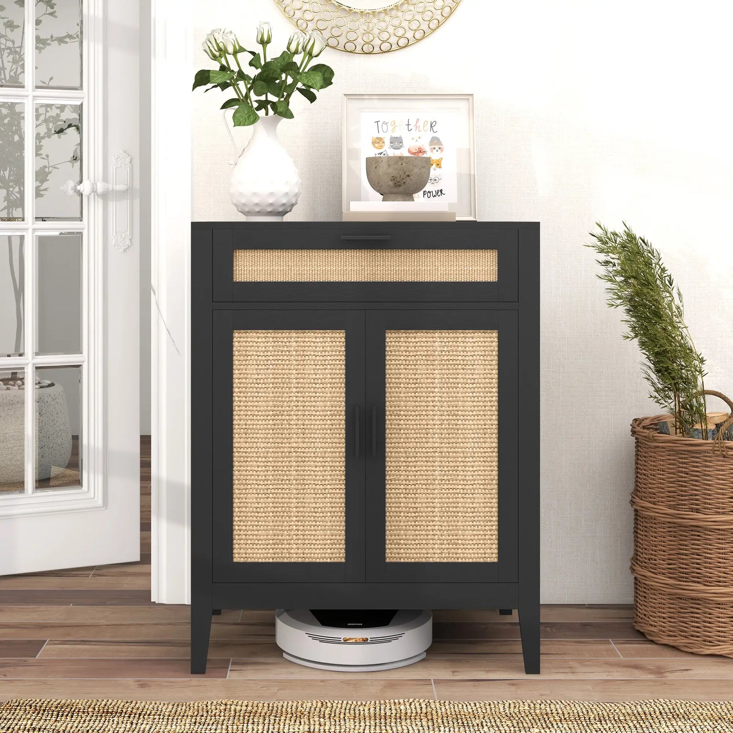 Boho Storage Entryway Cabinet with 2 Rattan Decorated Doors and Drawer for storage, Black