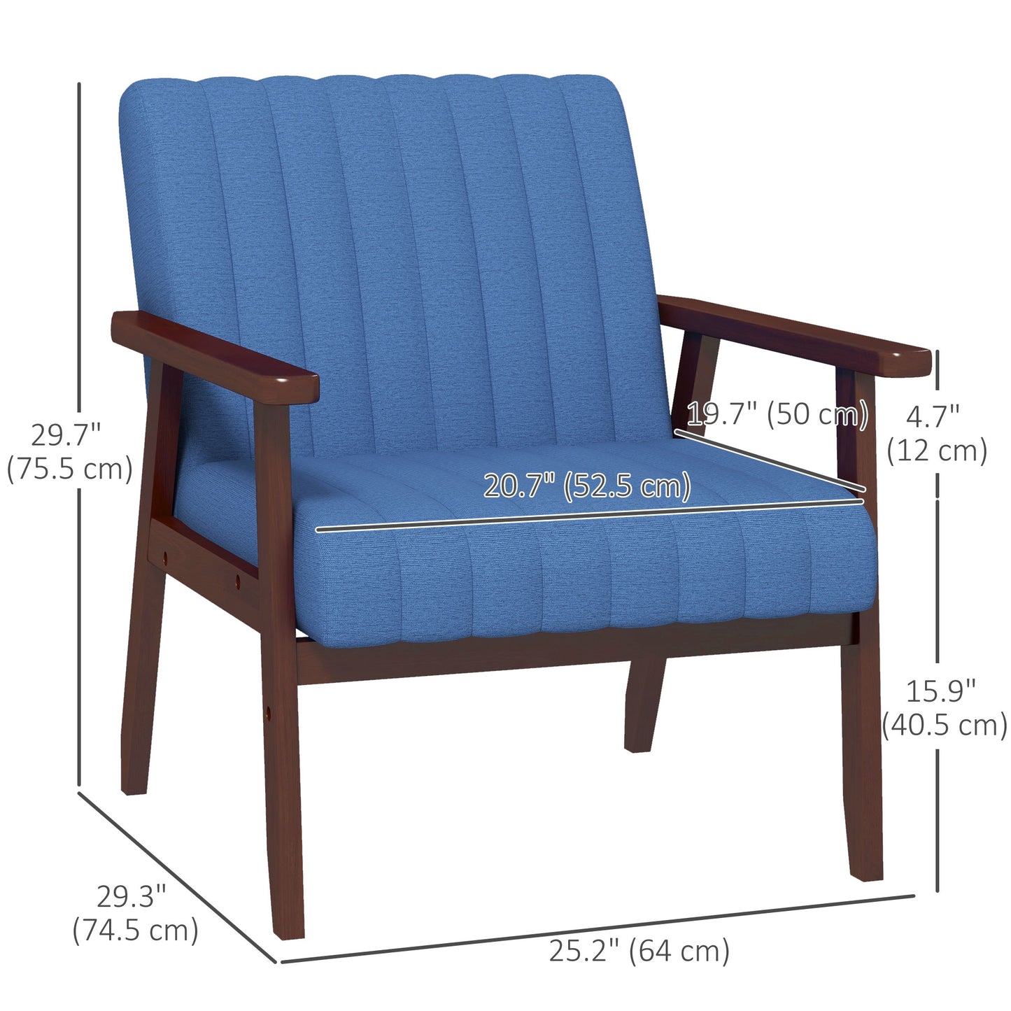 Set of 2 Modern Upholstered Armchairs with Wooden Legs and Tufting Design, in Blue