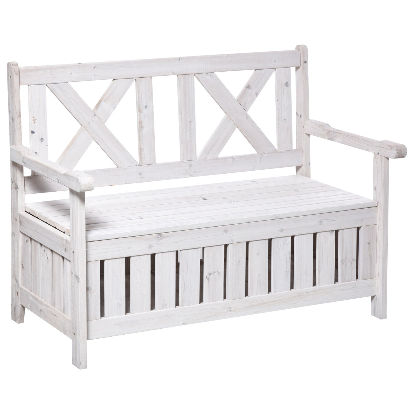 Outsunny Wooden Outdoor Storage Bench 2-Person Patio Bench with Louvered Side Panels and X-Shape Back for Garden, Patio, White