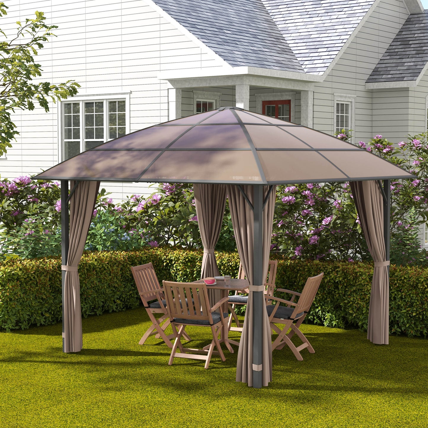 10' x 10' Outdoor Hardtop Gazebo Canopy with UV60+ Polycarbonate Roof, Steel Frame, Central Hook, Curtains, Khaki