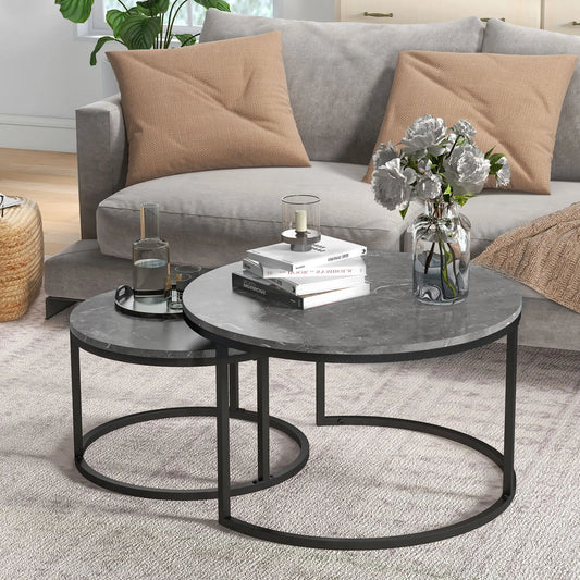 Modern Coffee Table Set of 2, Nesting w/ Metal Base for Living Room,Bedroom or Office. Faux Marbled Grey