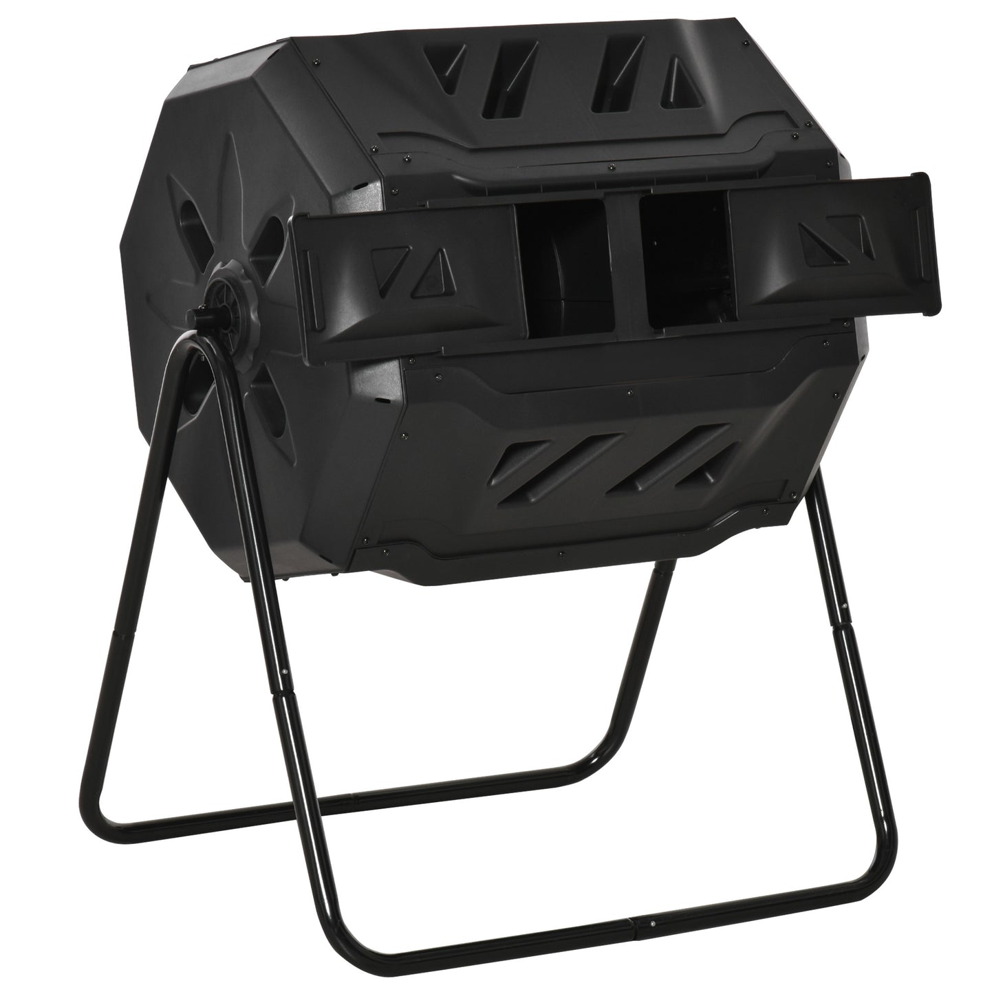 Tumbling Compost Bin Outdoor Dual Chamber 360° Rotating Composter 43 Gallon w/ Sliding Doors & Solid Steel Frame, Black