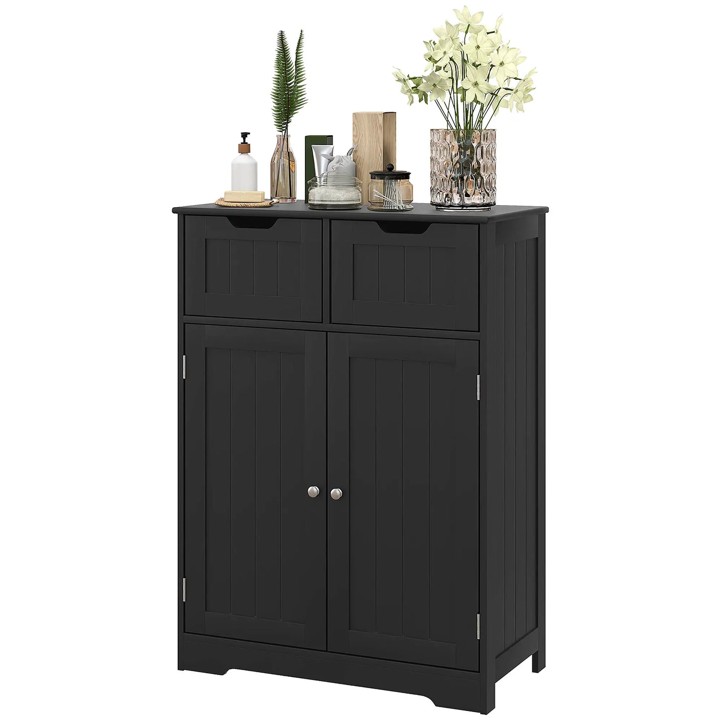 Entryway or  Bathroom Storage Cabinet with 2 Drawers, Adjustable Shelf in Black