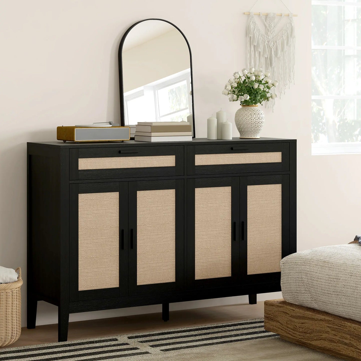 Boho Buffet Sideboard with Decorative Rattan Doors and Drawers, Black