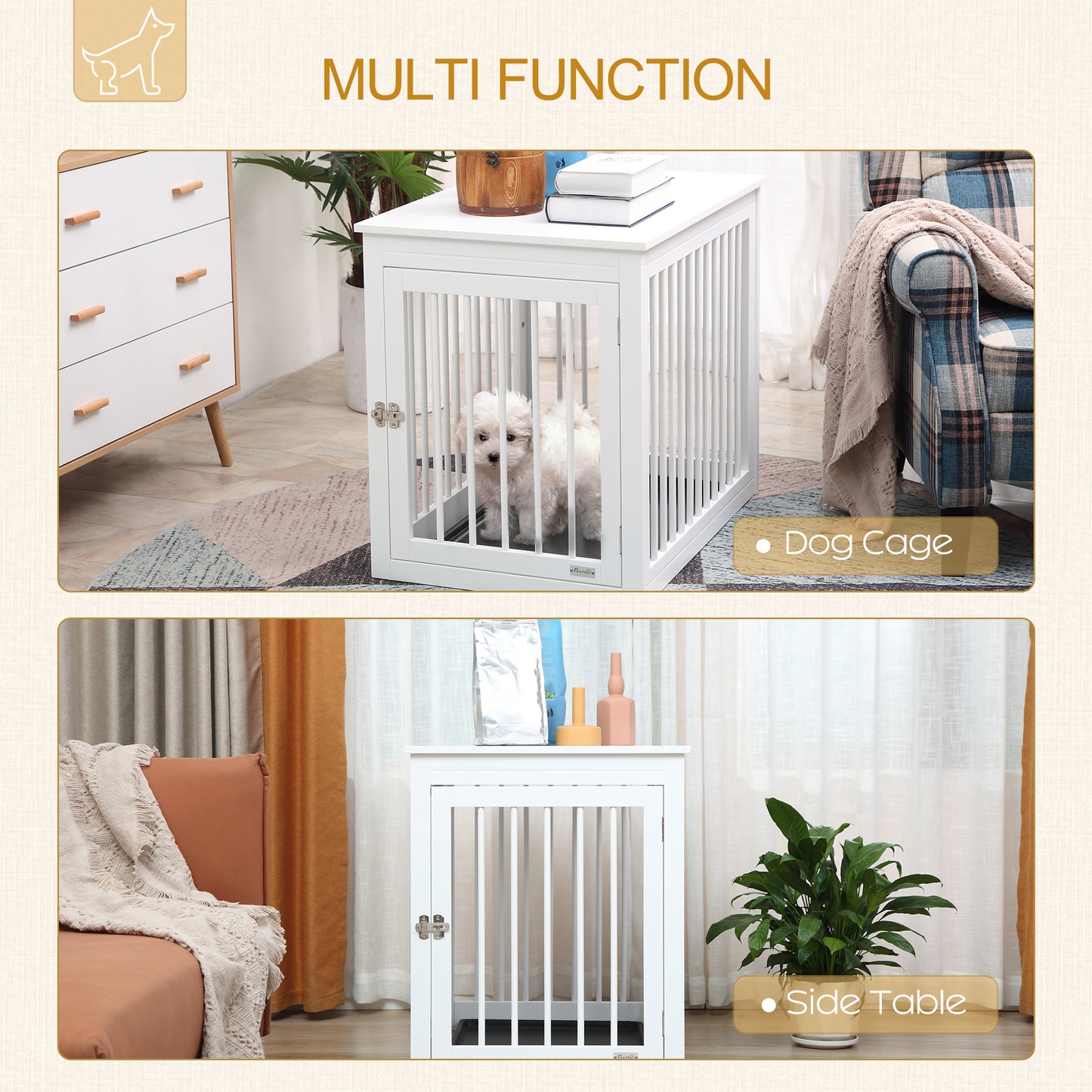 PawHut Wooden Dog Crate Furniture, Puppy Kennel End Table, Decorative Pet House with Front Door, Safety Lock, for Small & Medium Sized Dog, White